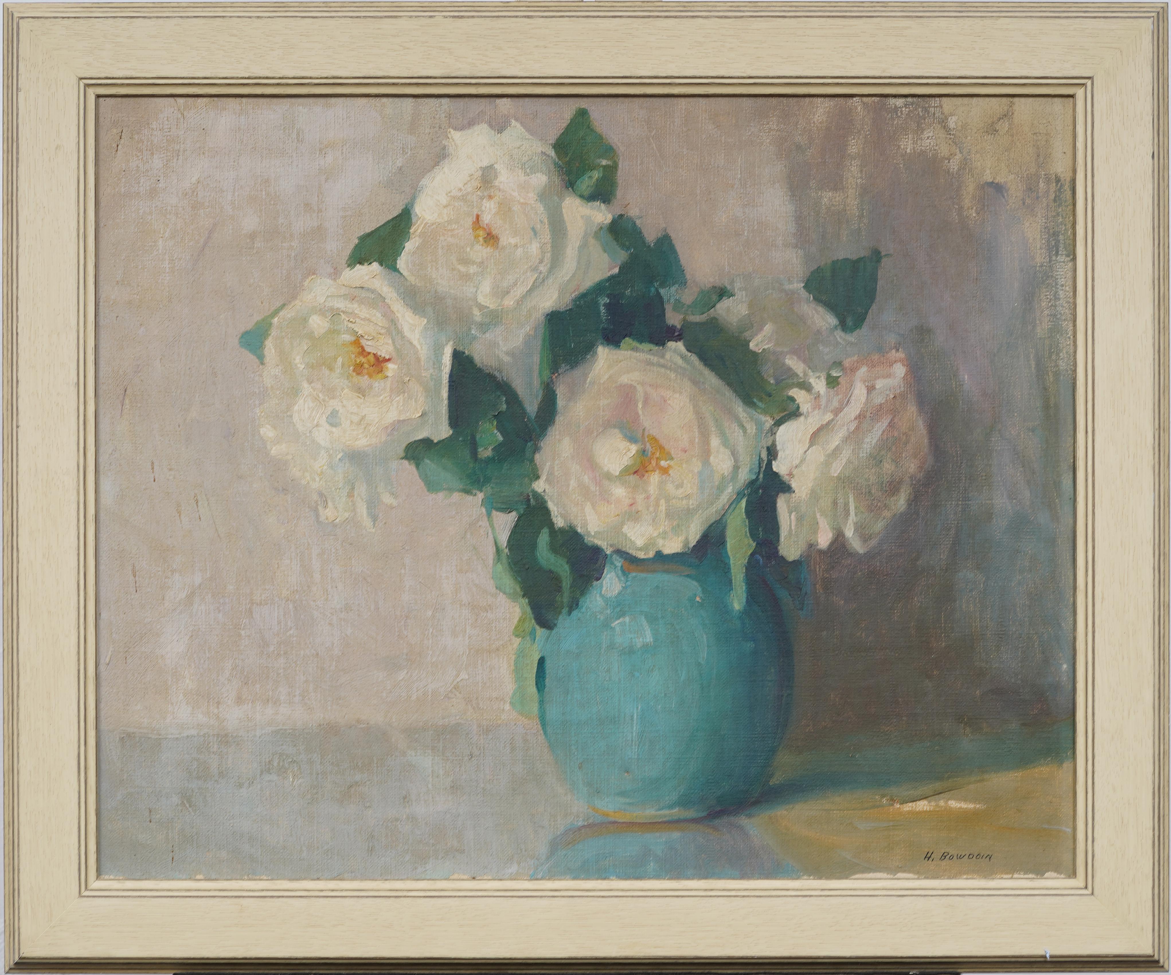 Antique American Impressionist White Rose Flower Still Life Signed Oil Painting - Brown Interior Painting by Harriette Bowdoin