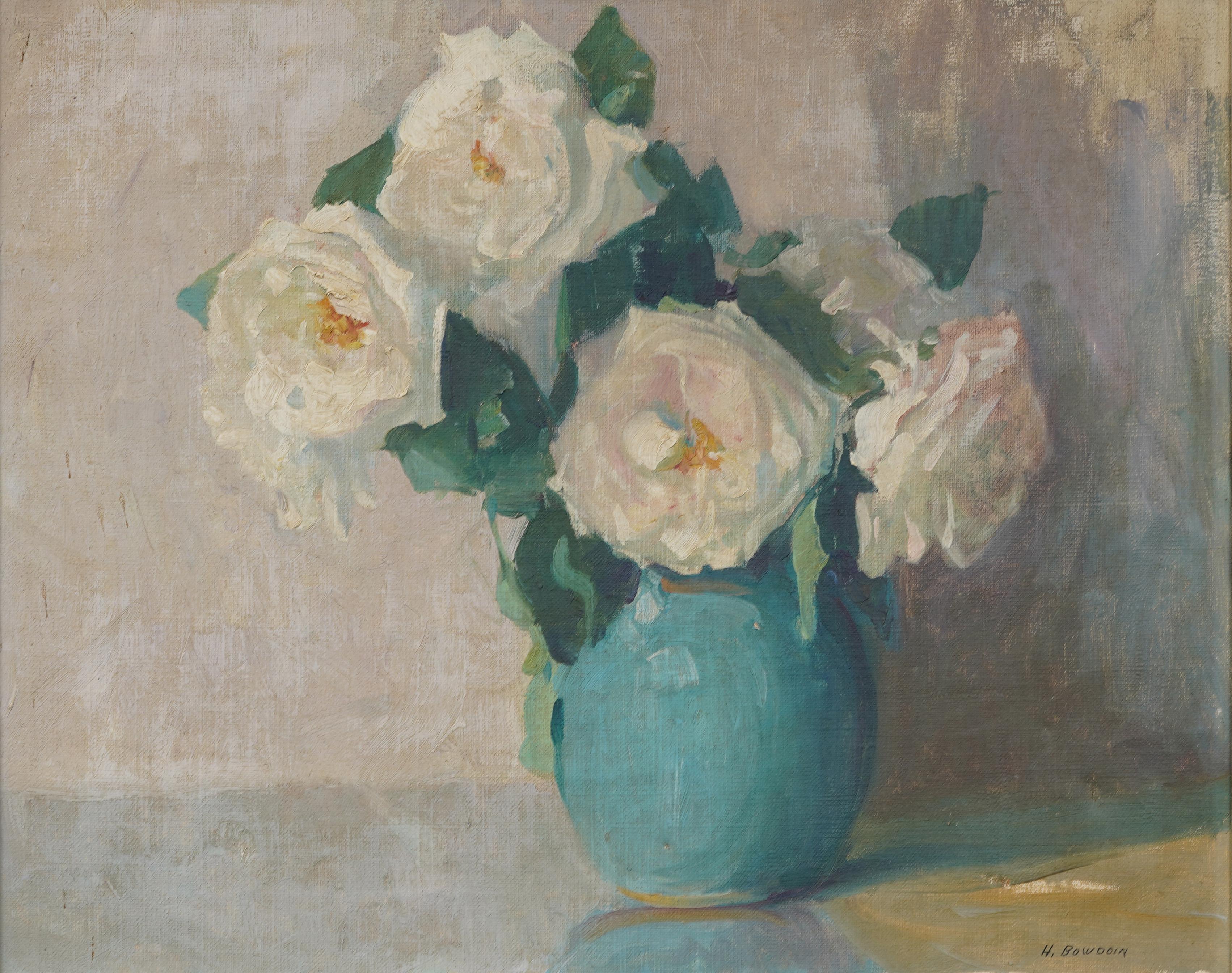 Impressive early American impressionist still life oil painting by Harriette Bowdoin (1880 - 1947).  Framed.  Oil on board.  Signed.  Image size, 18H by 22L.