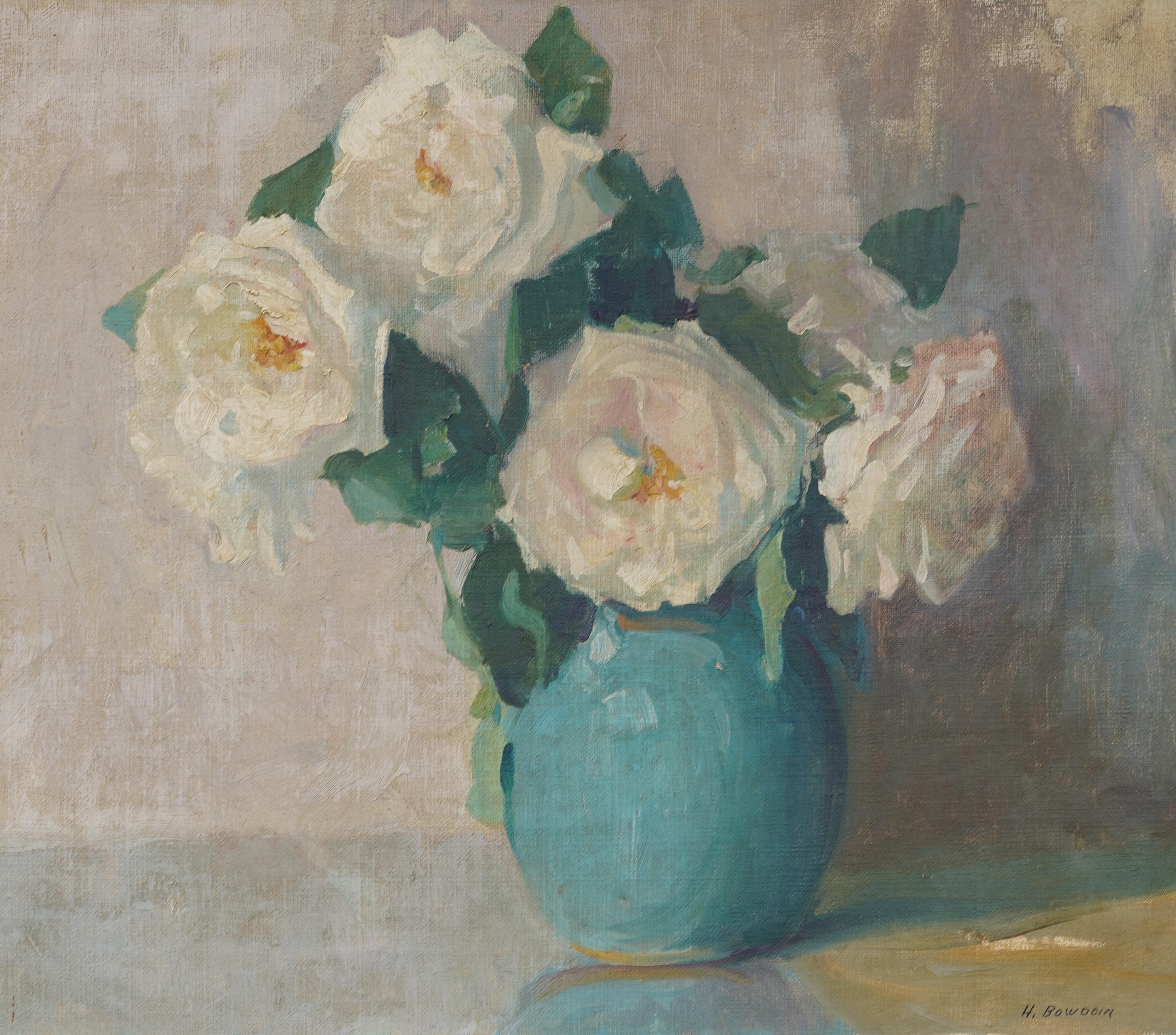 Antique American Impressionist White Rose Flower Still Life Signed Oil Painting For Sale 1