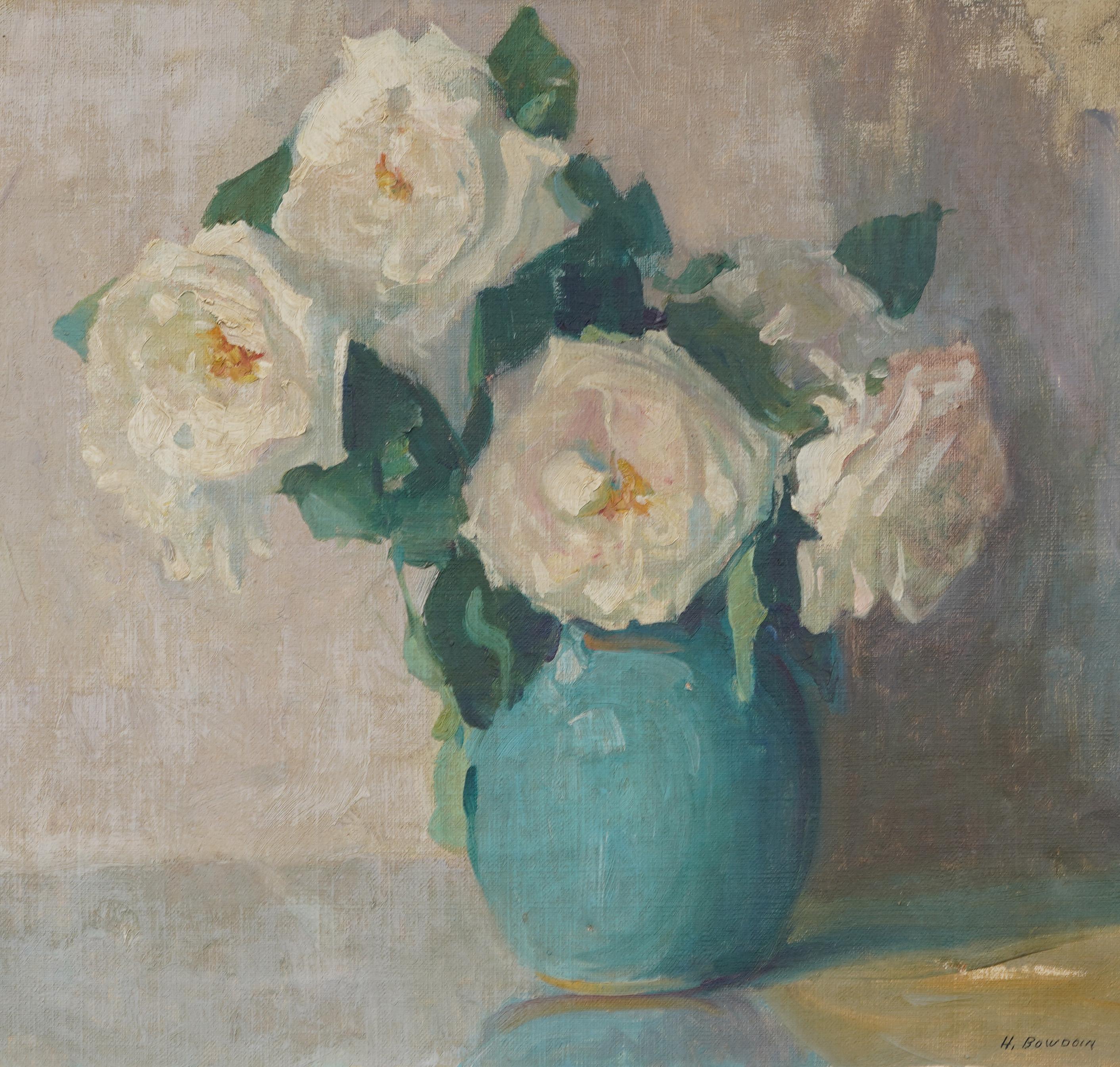 Antique American Impressionist White Rose Flower Still Life Signed Oil Painting For Sale 2