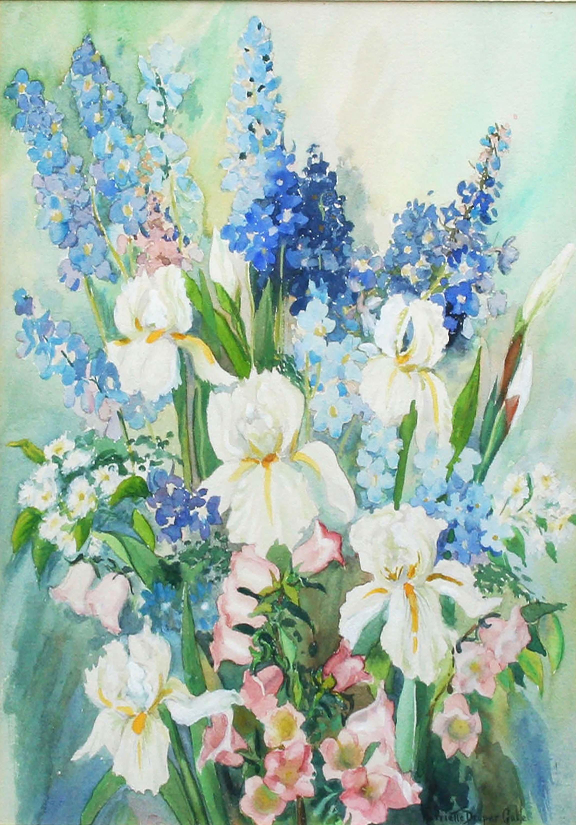 Weißer weißer Iris- und Frühlingsblumenstrauß, geblümtes Stillleben aus der Mitte des Jahrhunderts  – Art von Harriette Draper Gale