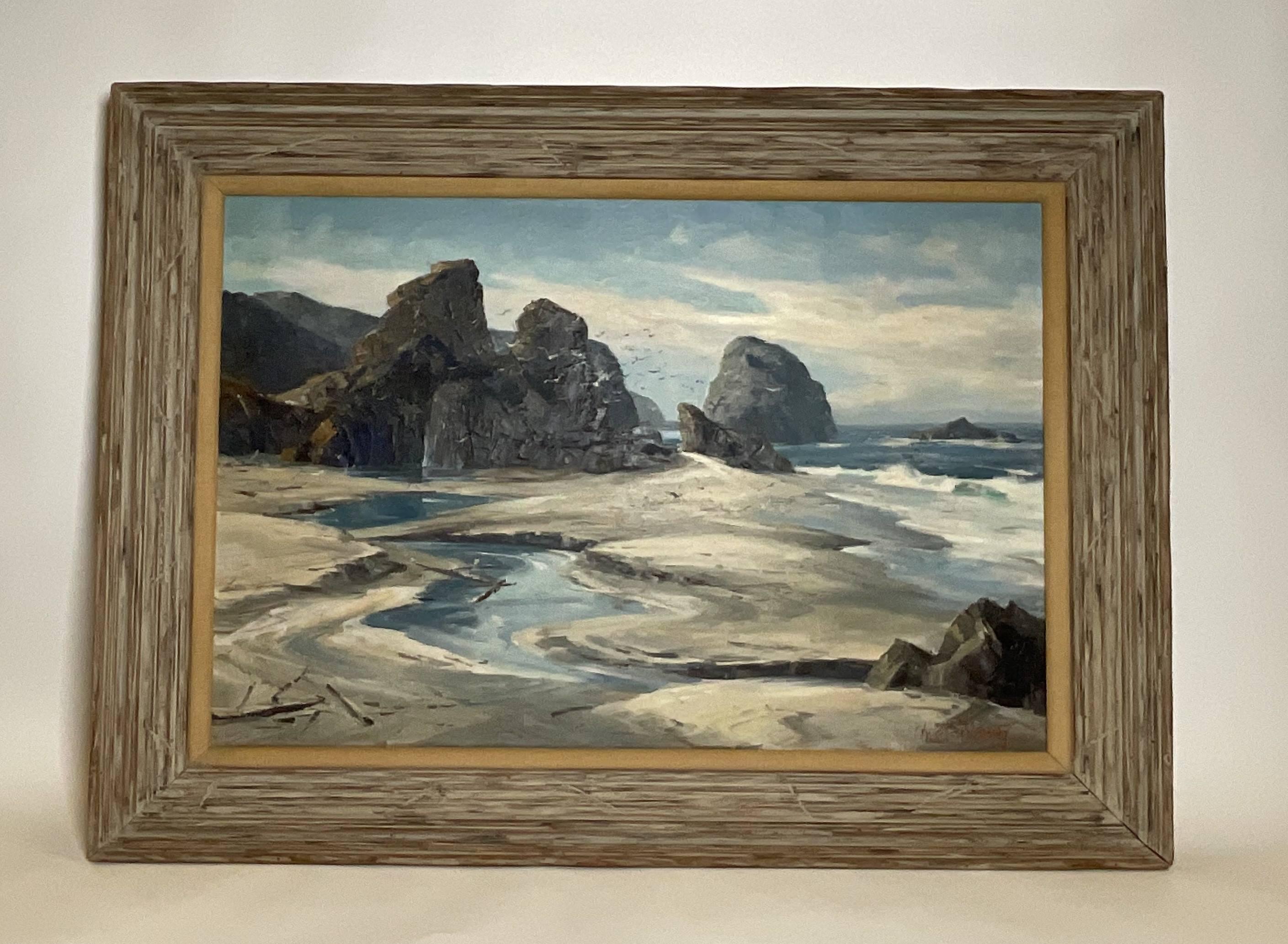 Paysages marins de Bennet Bradbury montrant un estuaire rejoignant l'océan. Bradbury était bien connu pour ses travaux sur le littoral. Grandes bandes de goélands en vol. Titré au verso 