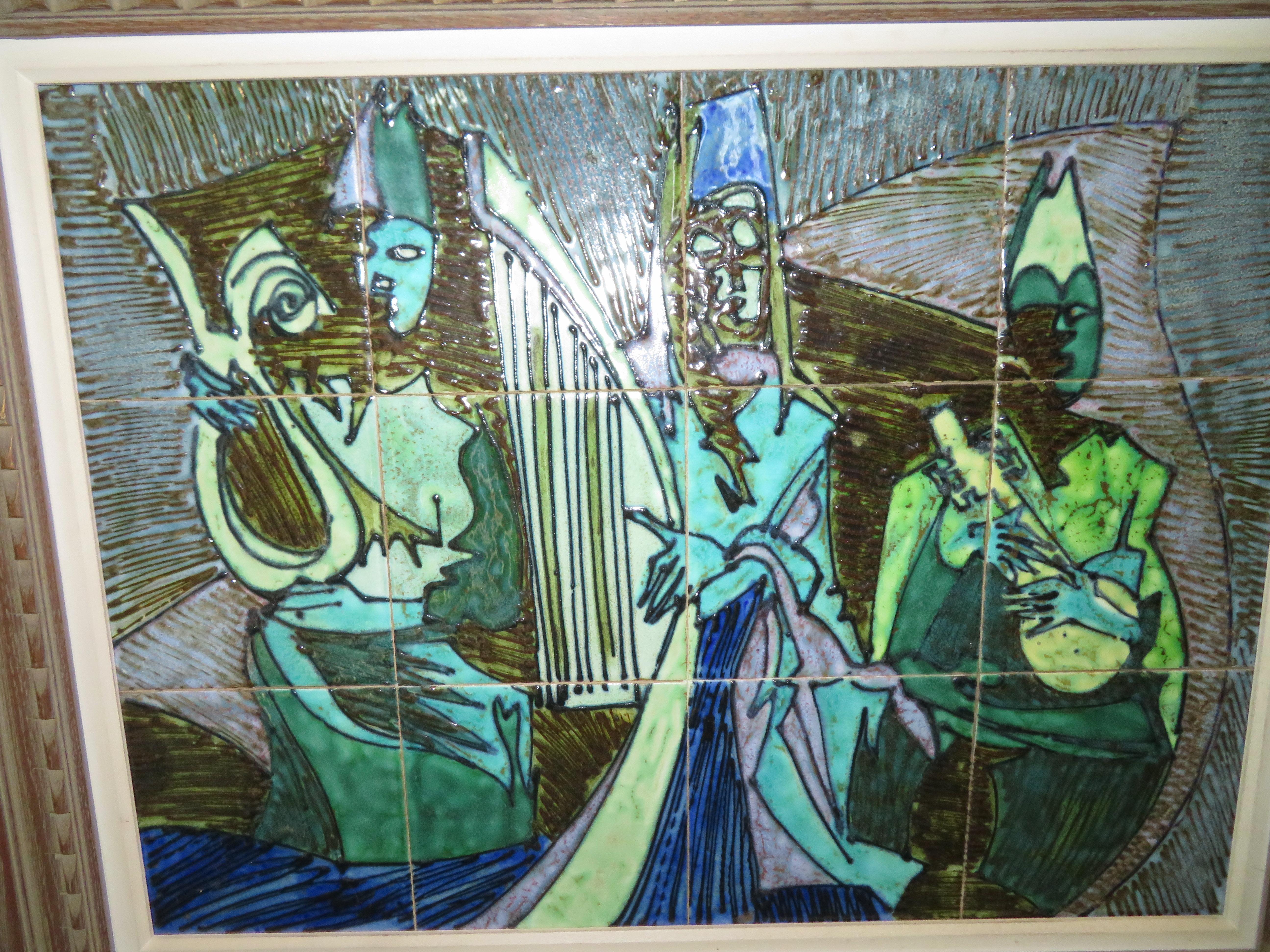 Harris G. Bunte, handbemalte „Drei Musiker“-Wandfliesenkunst, 1960er Jahre (Moderne der Mitte des Jahrhunderts) im Angebot