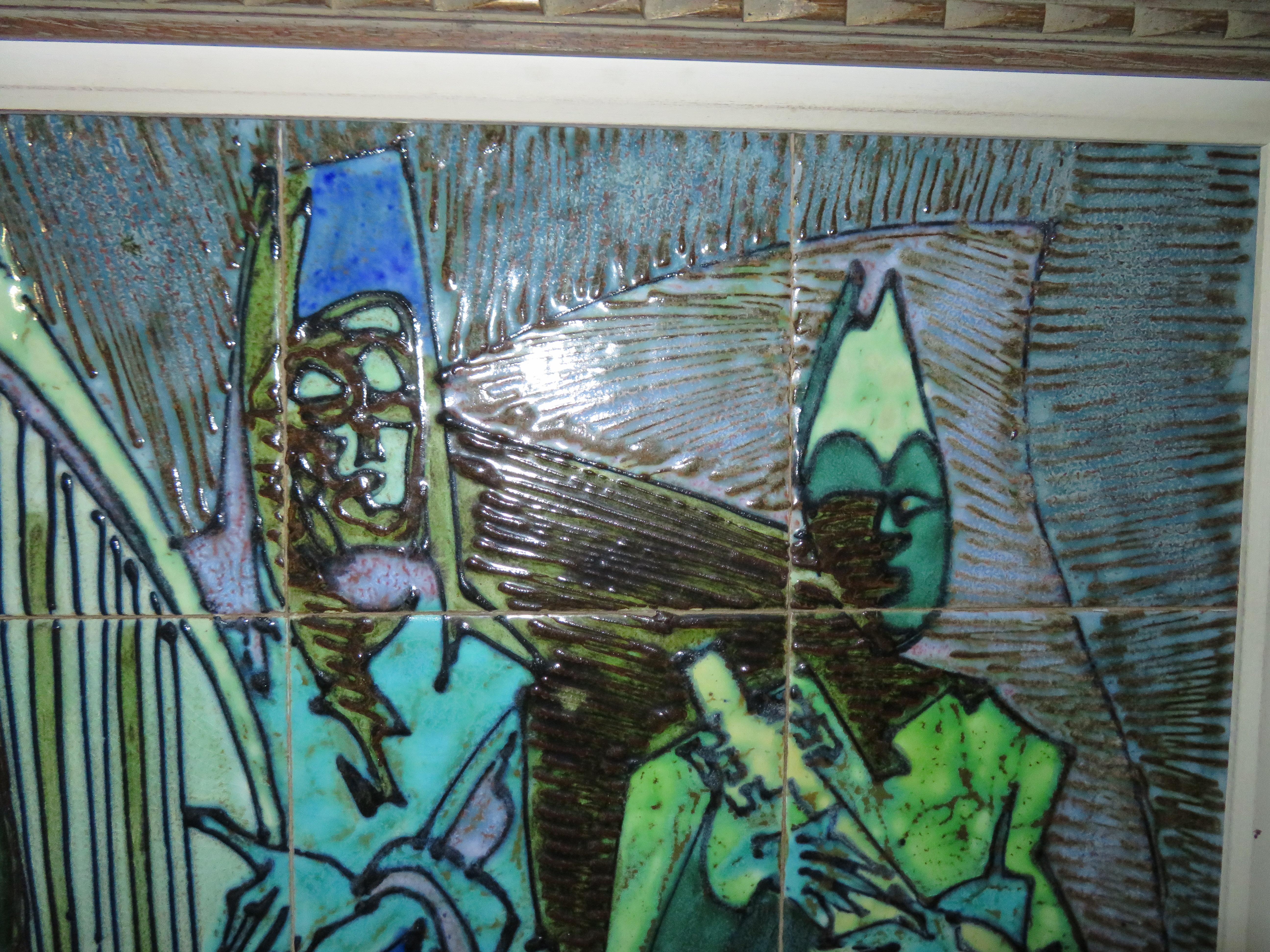 Harris G. Bunte, handbemalte „Drei Musiker“-Wandfliesenkunst, 1960er Jahre (Glasiert) im Angebot