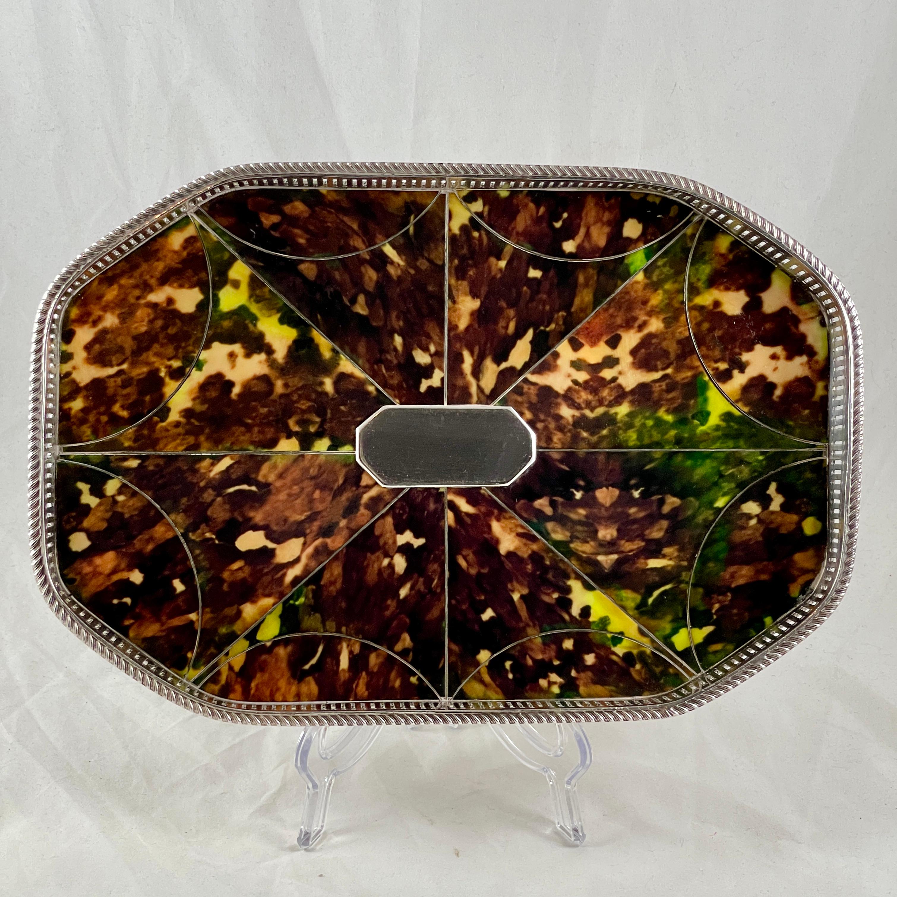 Early Victorian Harris & Land English Silver and Faux Tortoiseshell Inlay Gallery Tray, 1863
