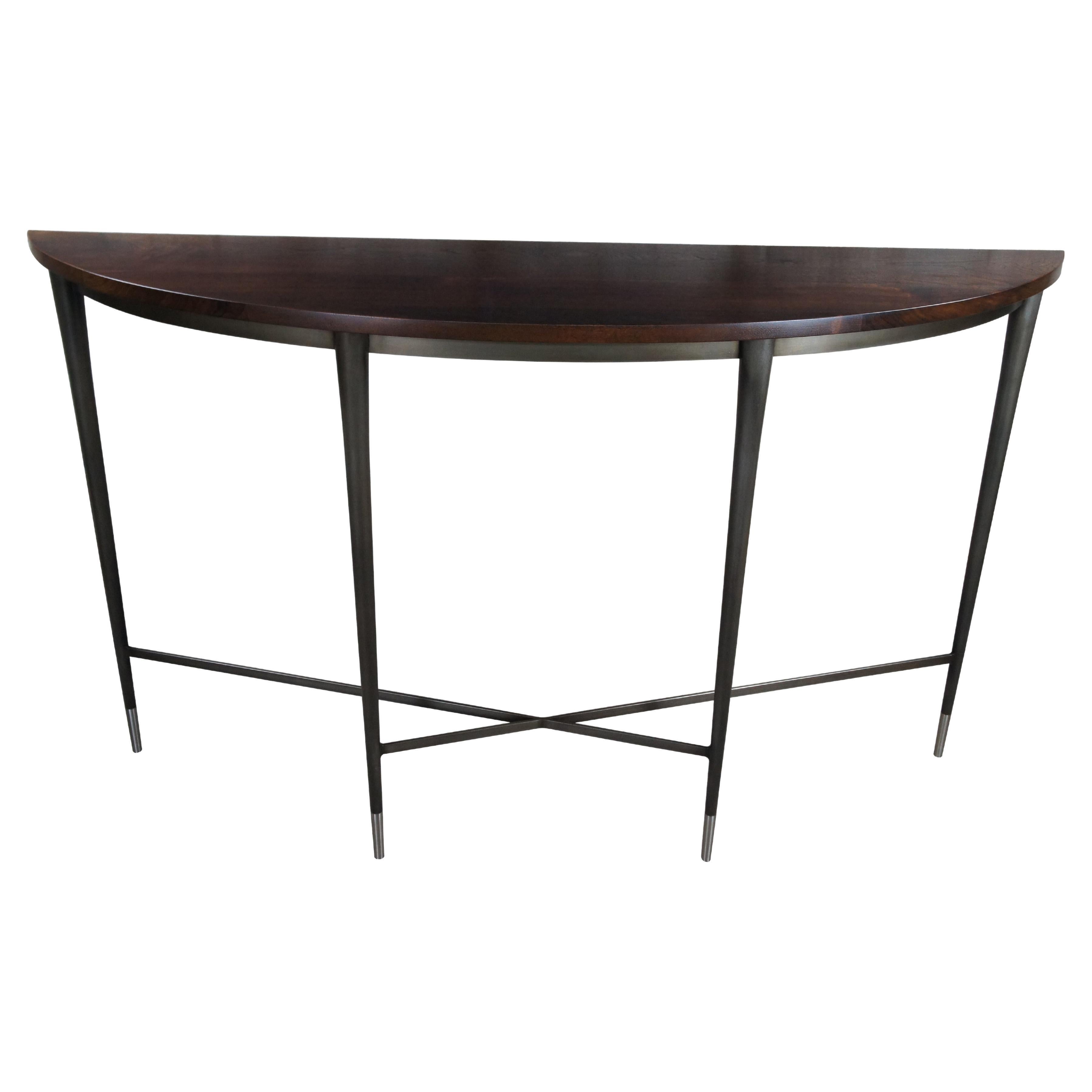 Harris Rubin McGavin Walnut Steel Tall Demilune Console Sideboard Entry Table