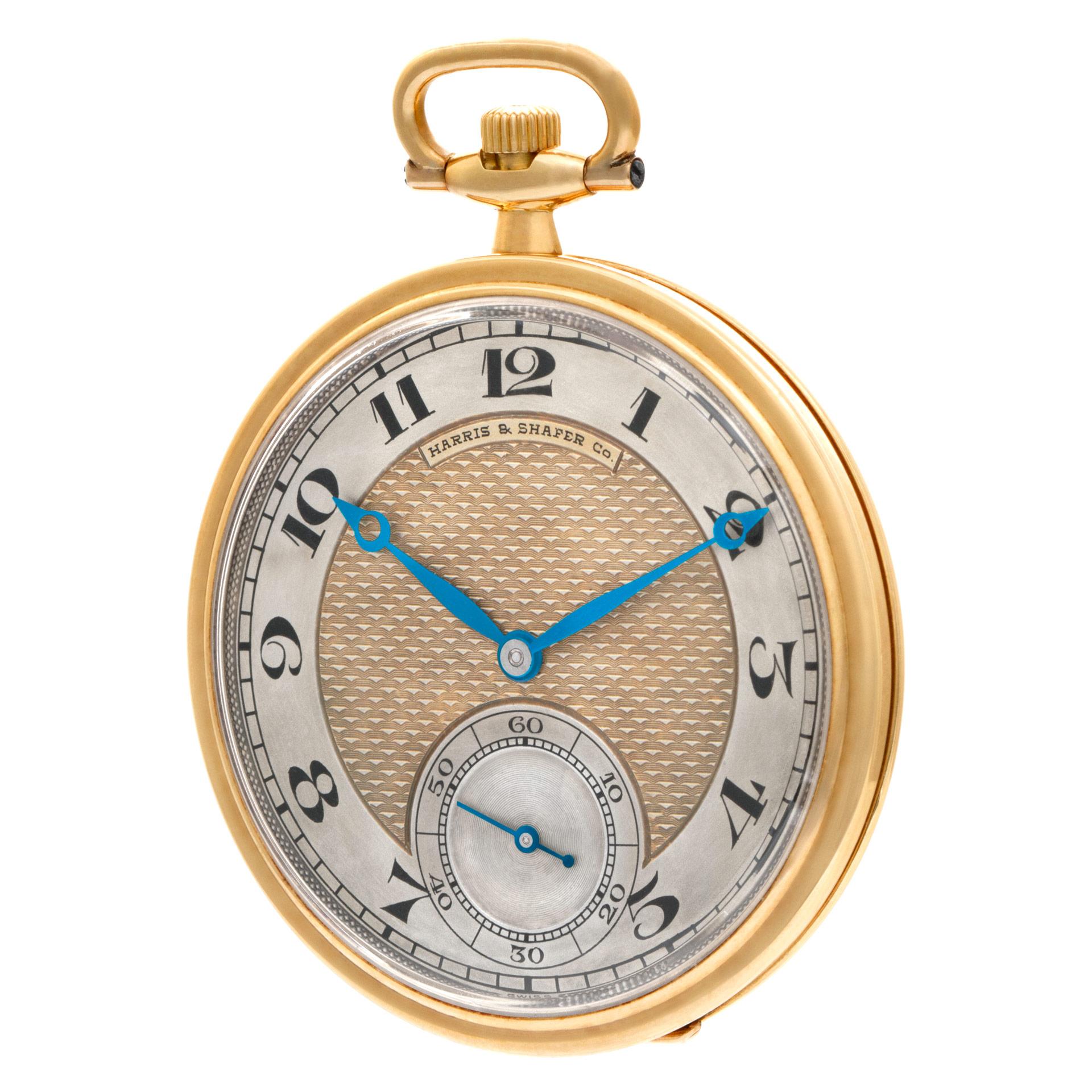 Harris & Shafer Co. by Vacheron Constantin 18k pocketwatch with fancy guilloche gold dial 18 jewels. A thin watch with Arabic black numerals and subsidiary seconds. Manual w/ subseconds. 44 mm case size. Harris & Shafer Co. retailed by Vacheron