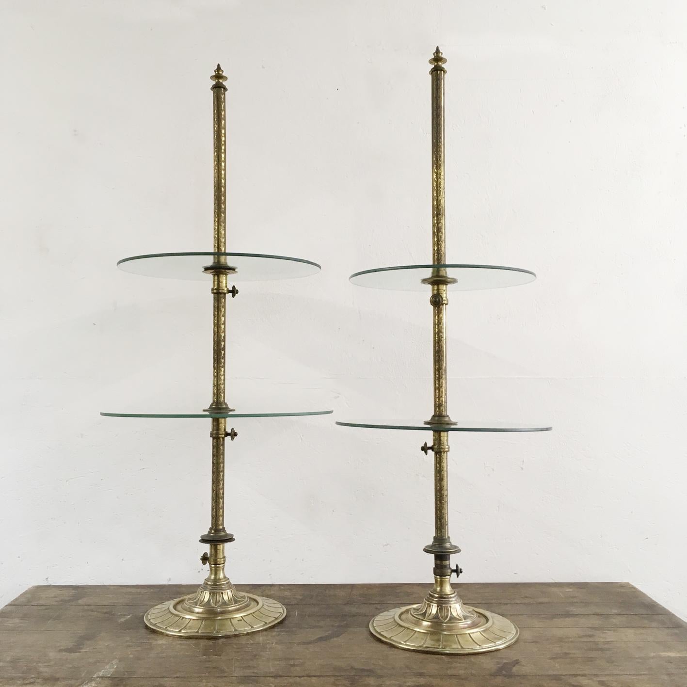 Harris & Sheldon Edwardian brass confectionary shop display stands
1910
A pair of antique Edwardian display stands
The brass work is decorated with small floral patterns and leaf details on the foot
The makers stamp and reg mark cast into the