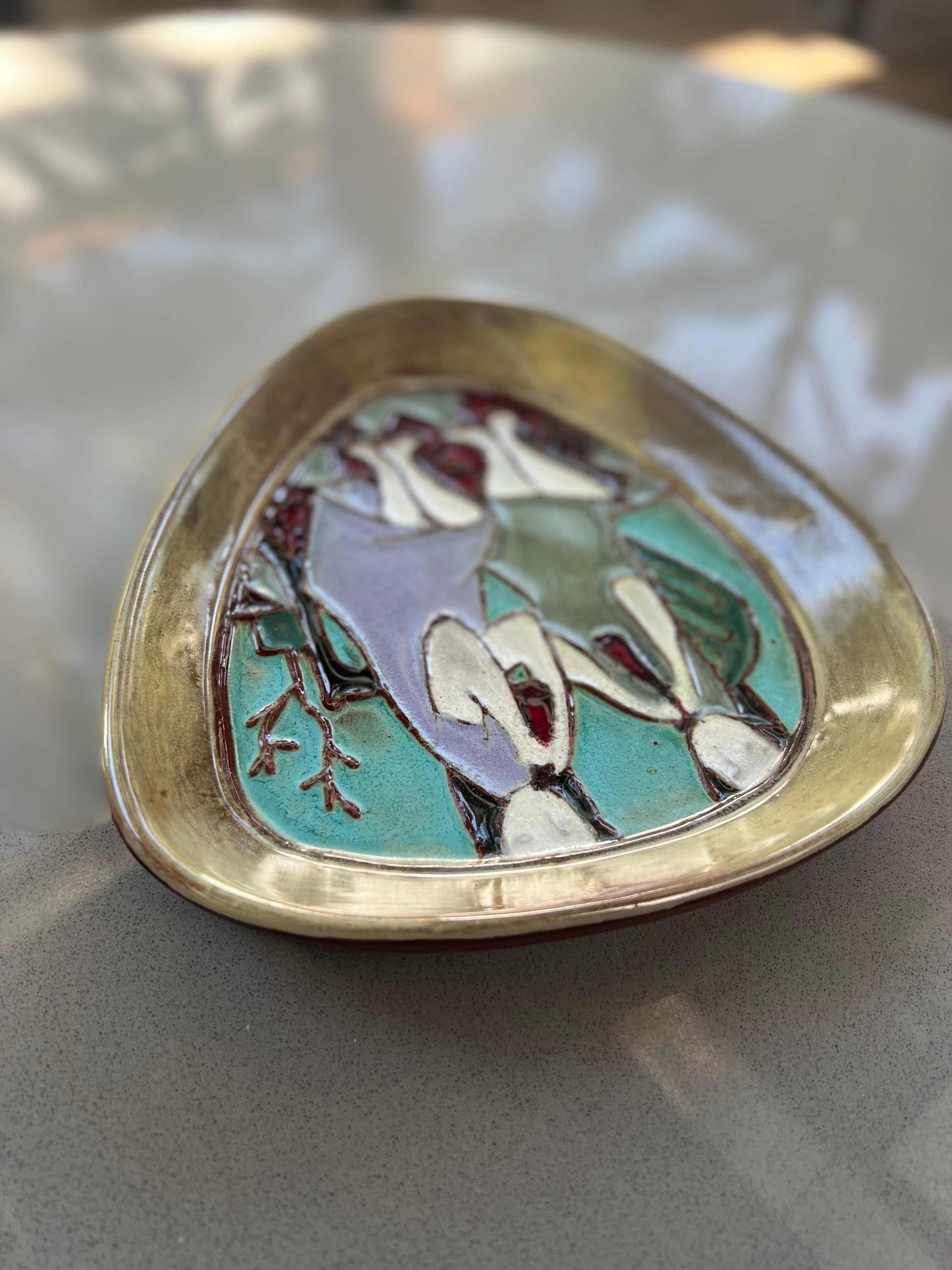 Beautiful ornament or accent piece in any space, unique colors and shapes with perfect glaze, owning a piece by Harris Strong is having a piece of American modernism
