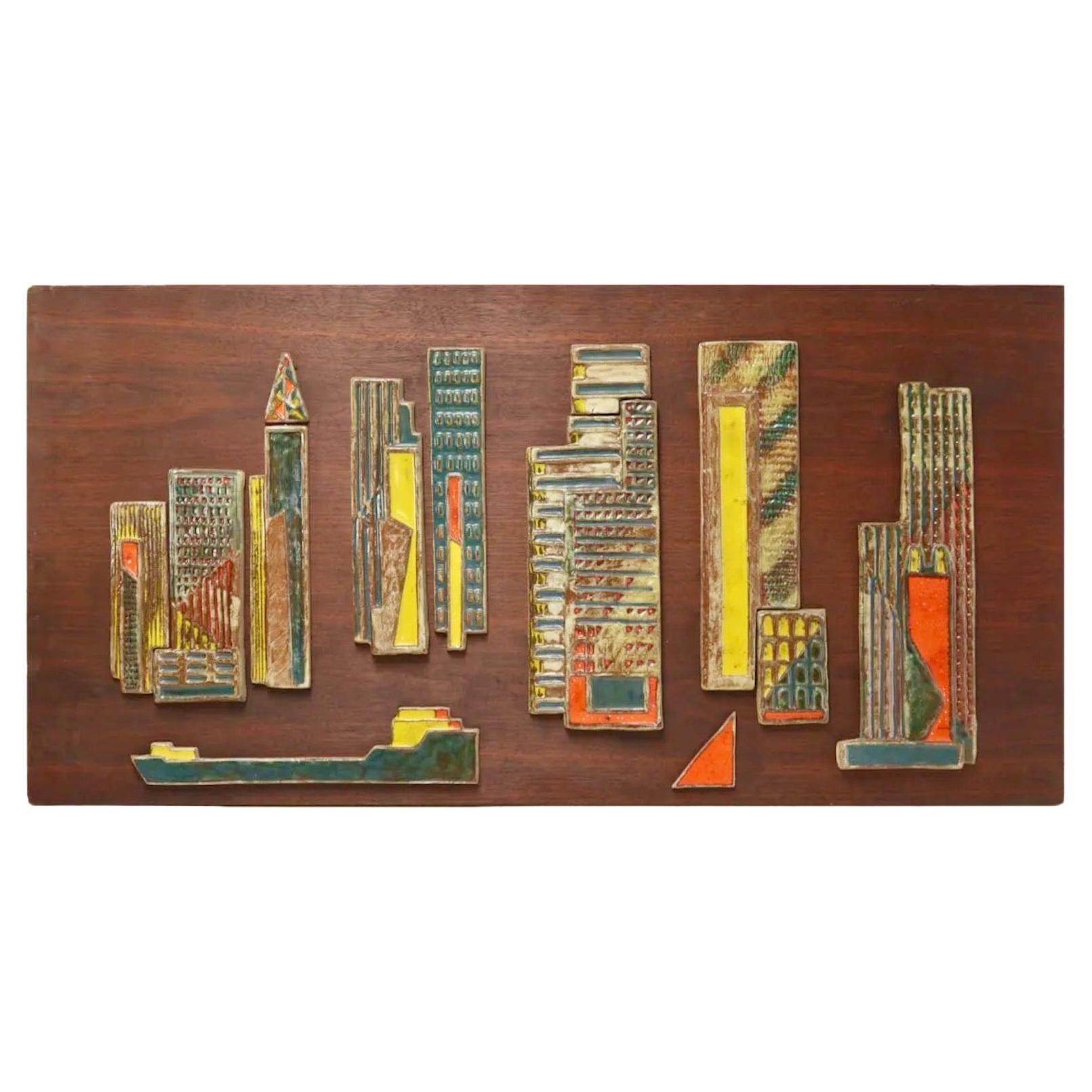 Harris Strong Ceramic Tile Skyline of New York on Walnut  For Sale