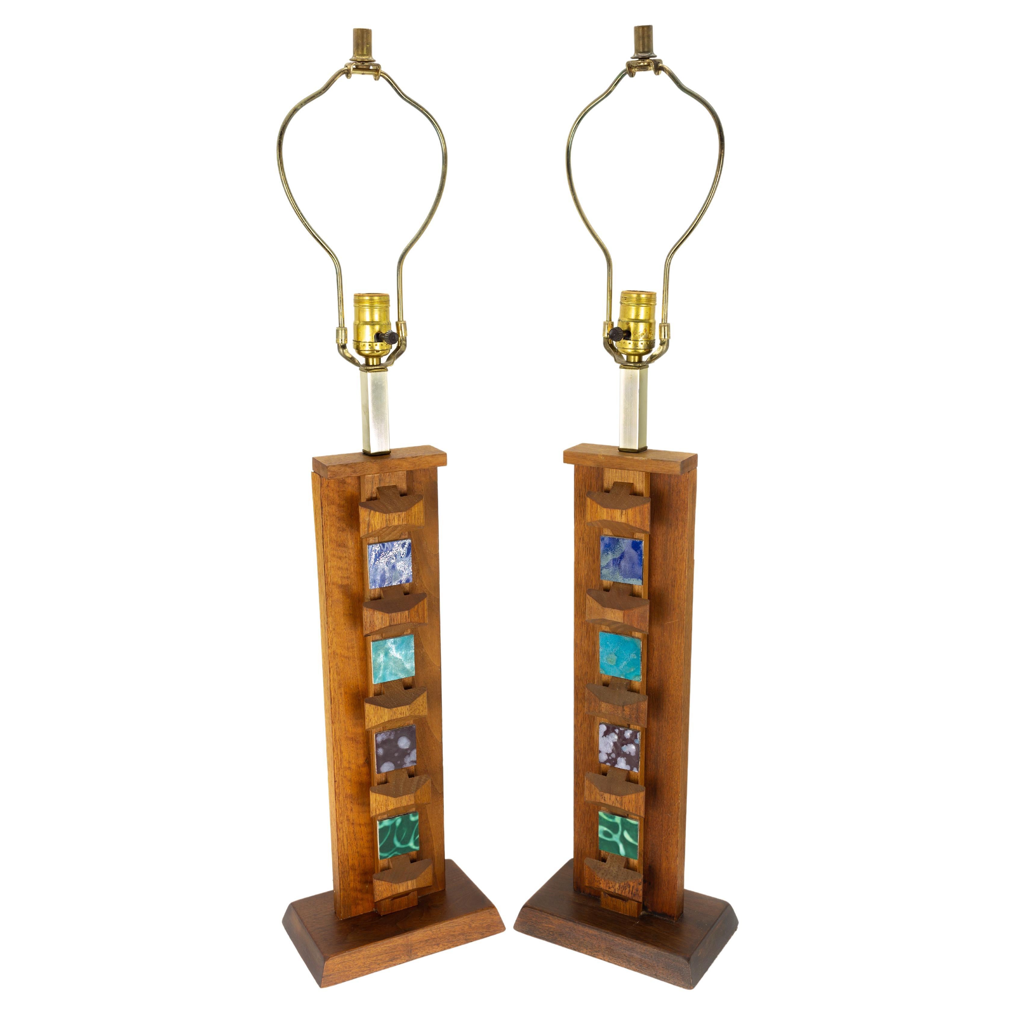 Harris Strong Mid Century Teak and Tile Table Lamps, a Pair For Sale