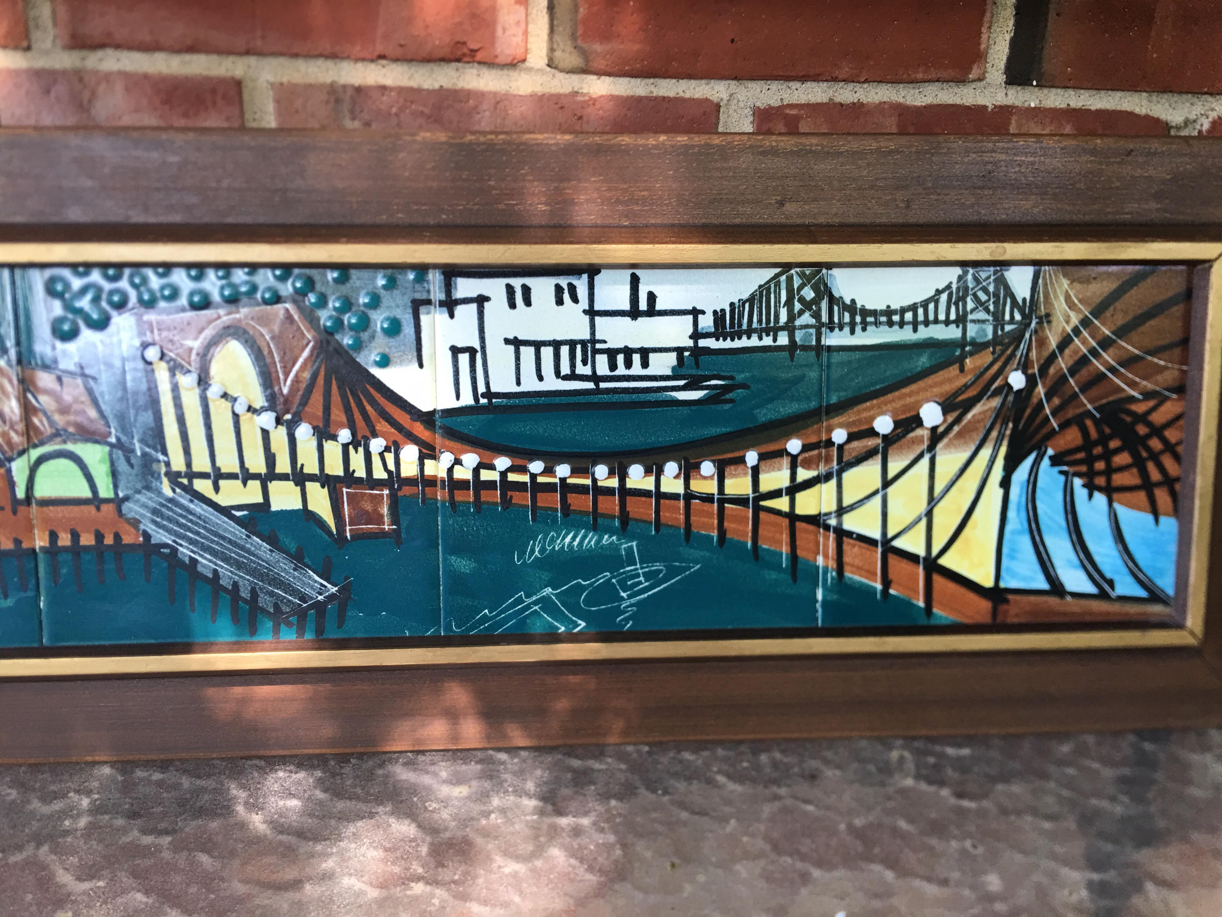 Mid-Century Modern Harris Strong Six Pottery Tile Cityscape Bay Scene For Sale