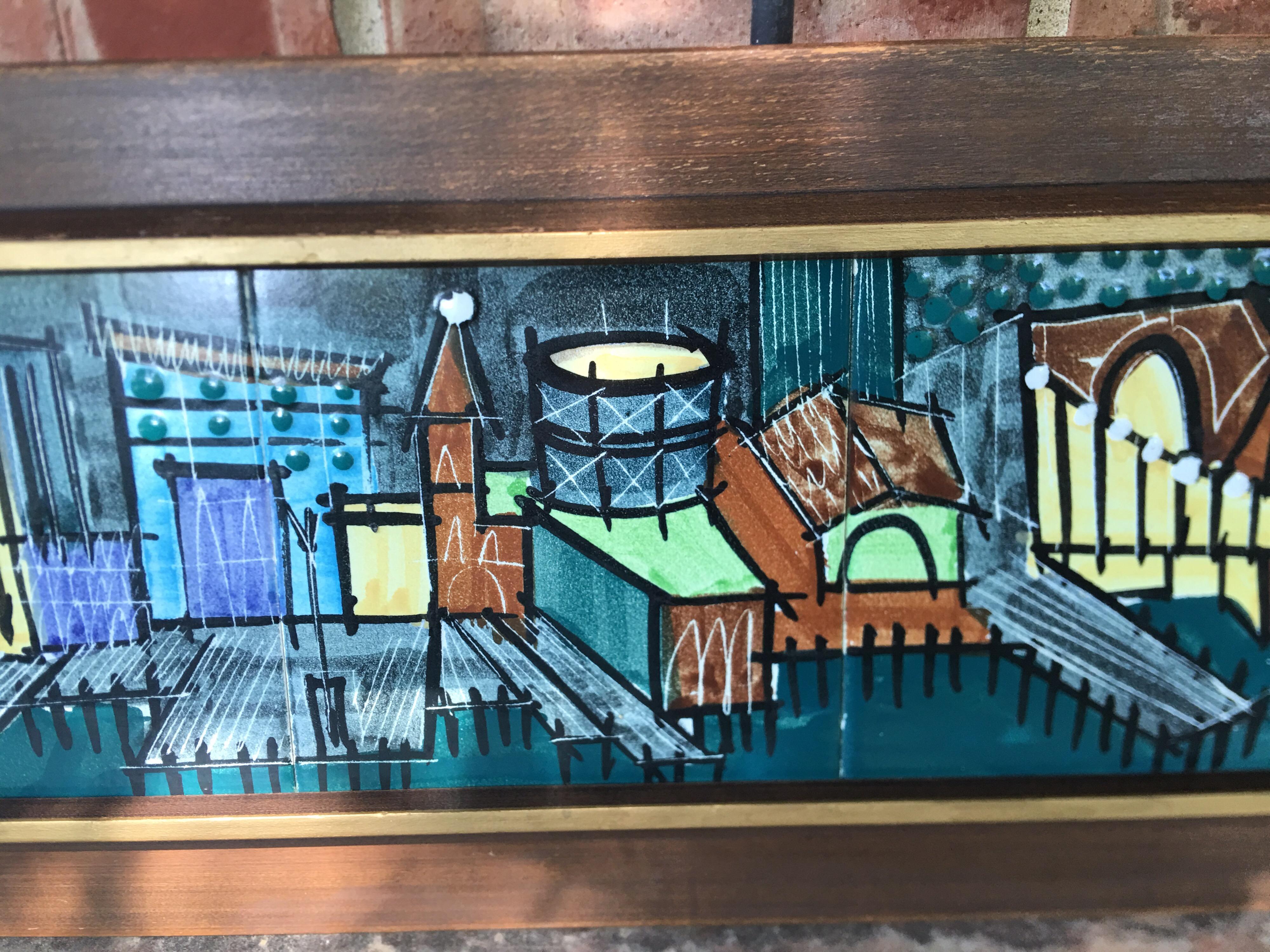 American Harris Strong Six Pottery Tile Cityscape Bay Scene For Sale