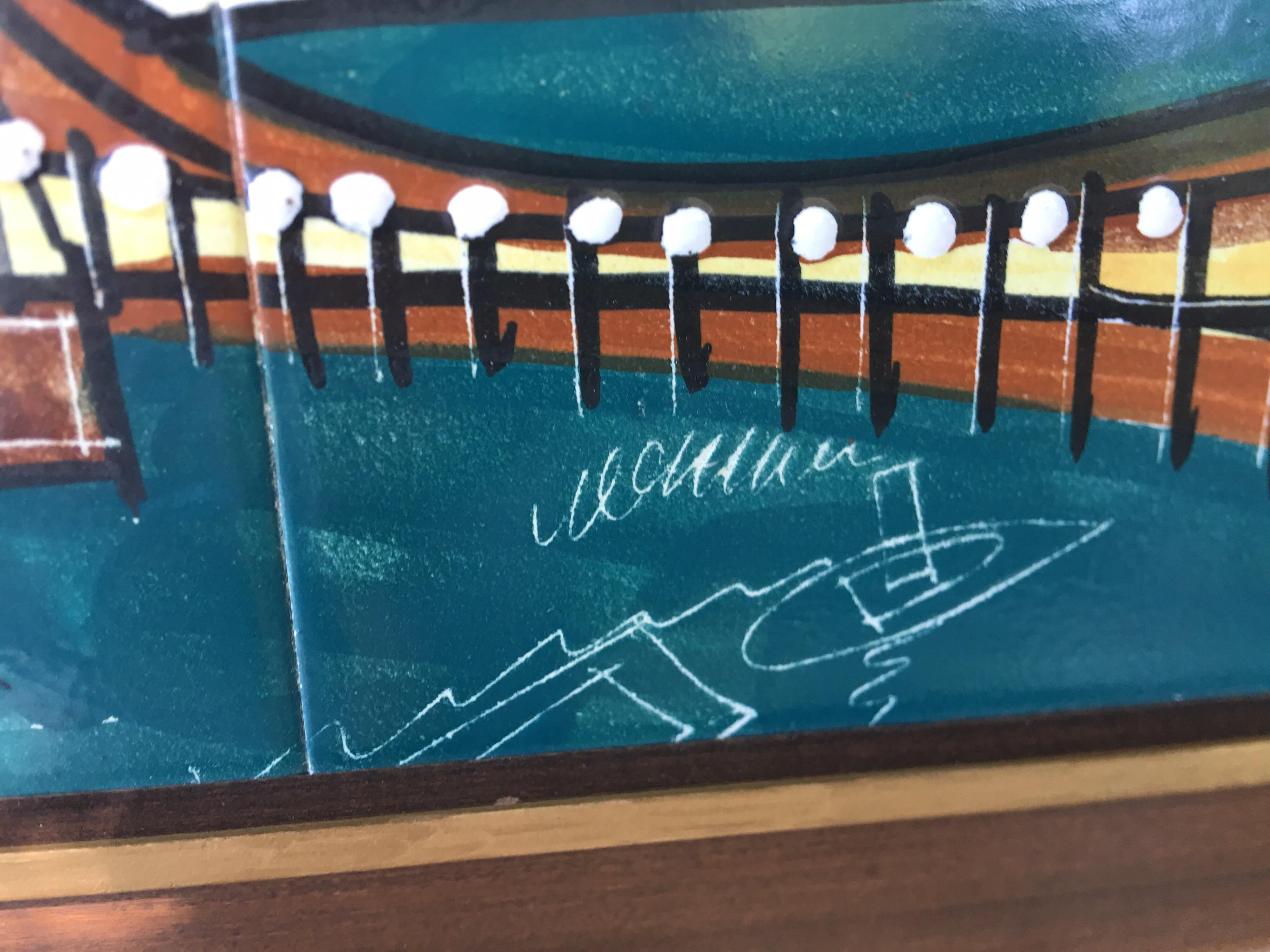 Harris Strong Six Pottery Tile Cityscape Bay Scene In Good Condition For Sale In Tulsa, OK