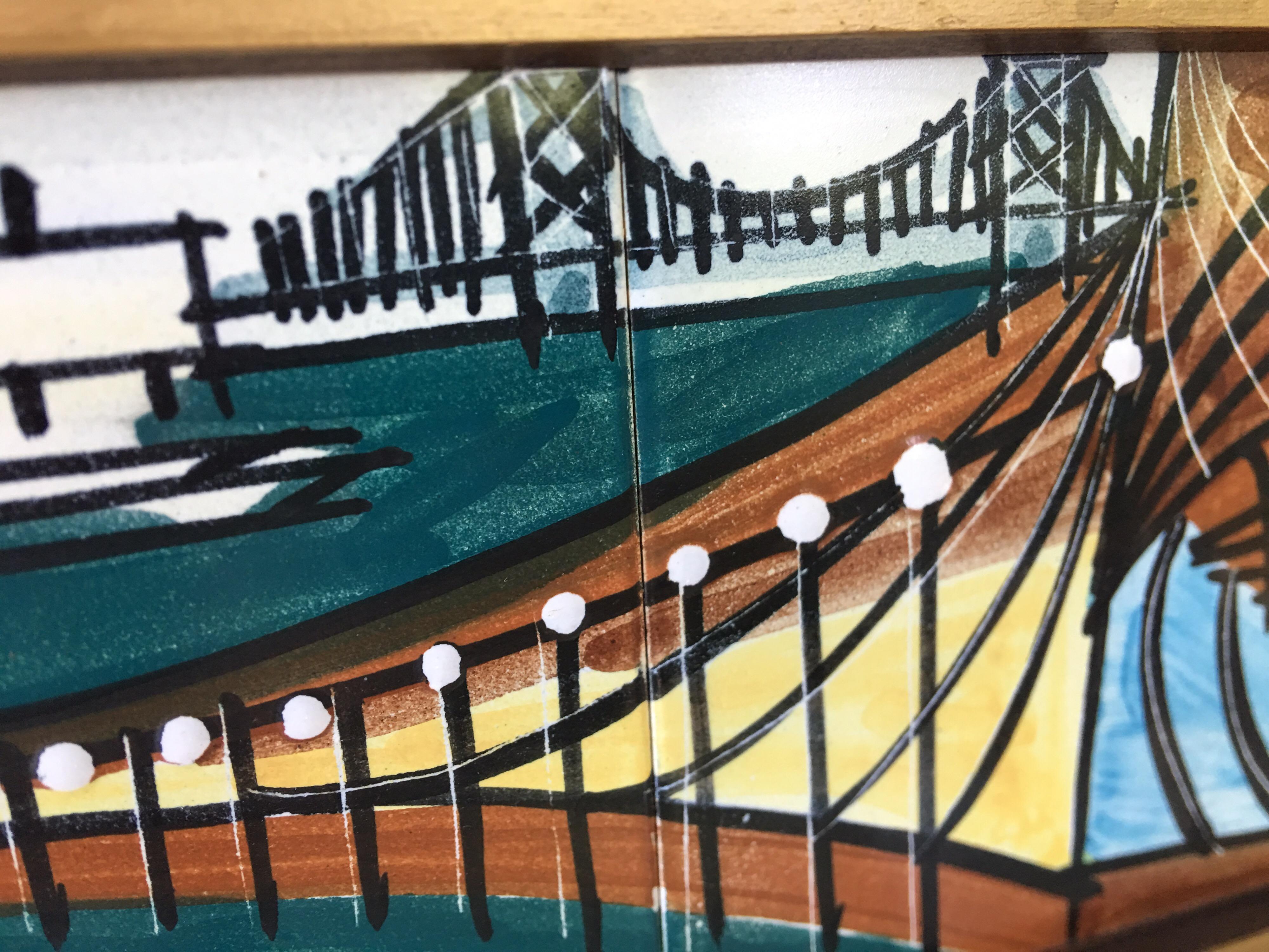 20th Century Harris Strong Six Pottery Tile Cityscape Bay Scene For Sale