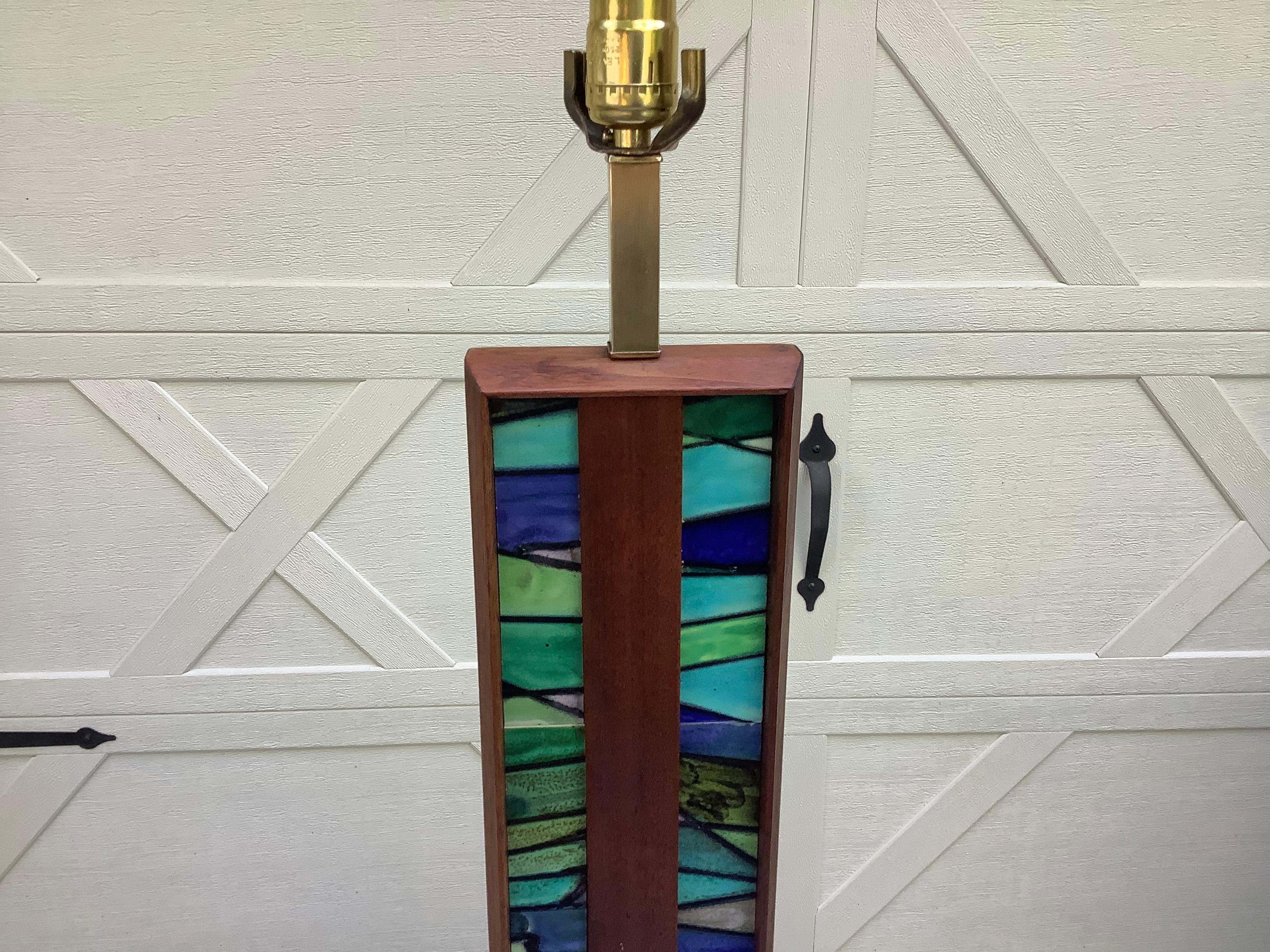 Harris Strong Walnut & Tile Lamp In Good Condition For Sale In Marietta, GA