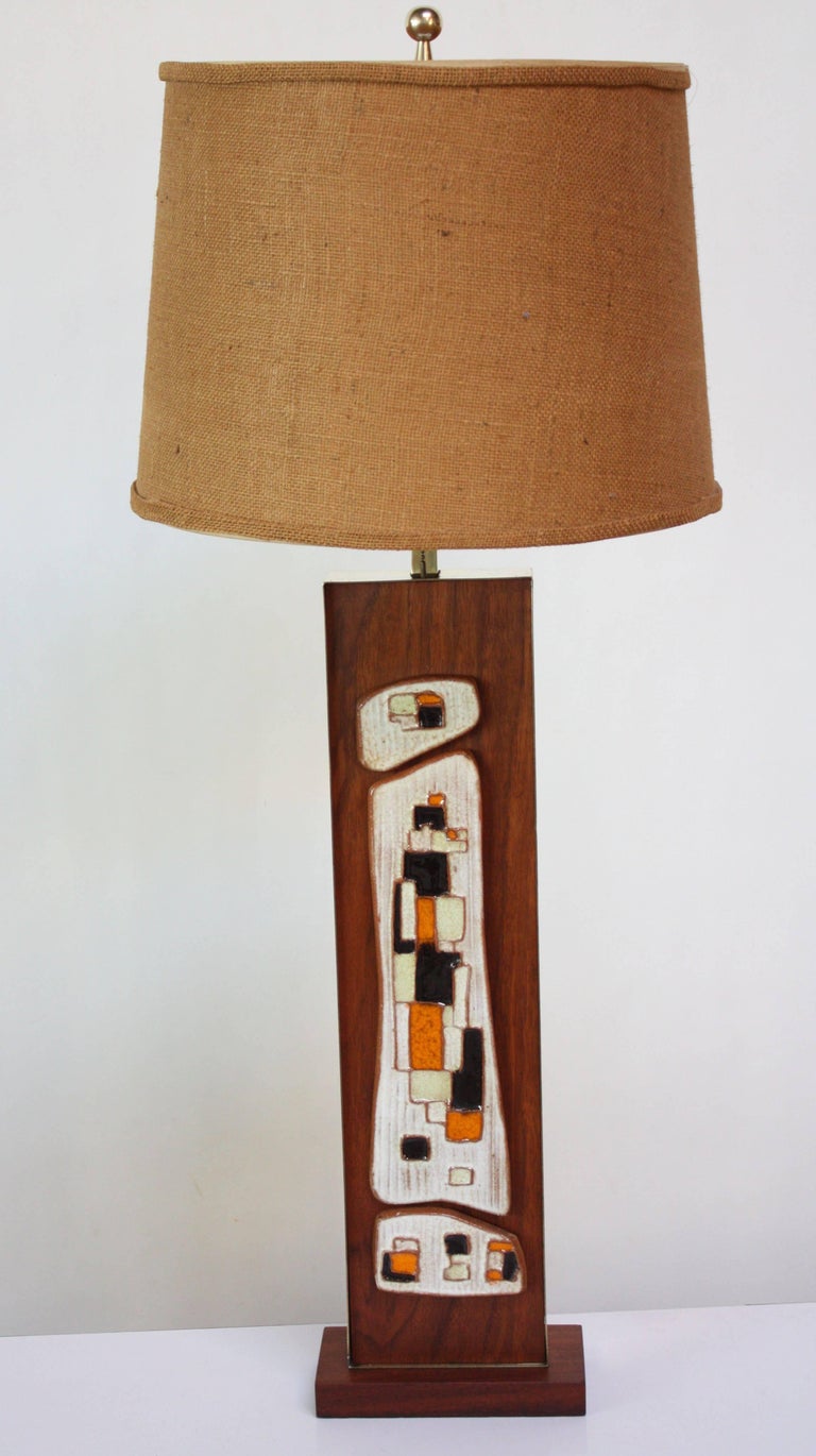 Harris Strong Walnut, Brass and Ceramic Tile Table Lamp For Sale at 1stDibs