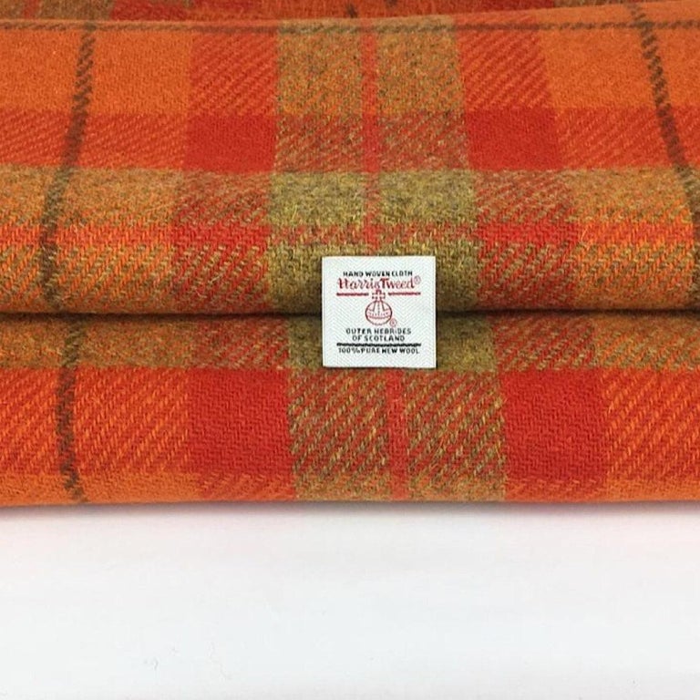 Harris Tweed knife-edge rectangular pillow (zippered case and down insert). Authentic Harris Tweed fabric, handwoven in the Scottish Outer Hebrides. 100% wool tweed. Reverse side in a contrasting olive green wool. Custom-made by an expert tailor.