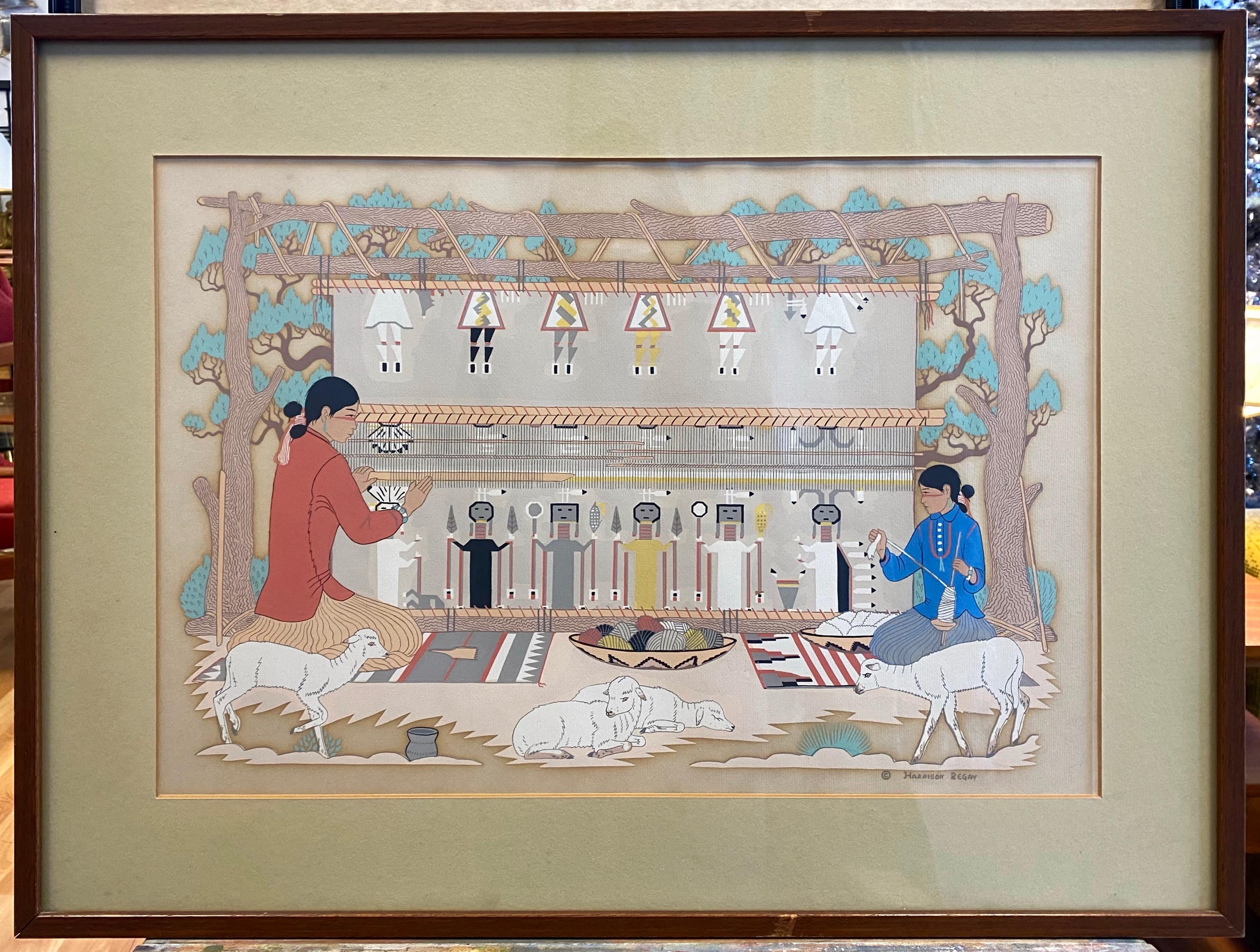 A wonderfully evocative and well-executed early 1950s serigraph depicting Navajo weavers by important and renowned Diné (Navajo) painter, printmaker, and illustrator Harrison Begay (b. 1914 or 1917–2012).

Traditional scene features two Navajo