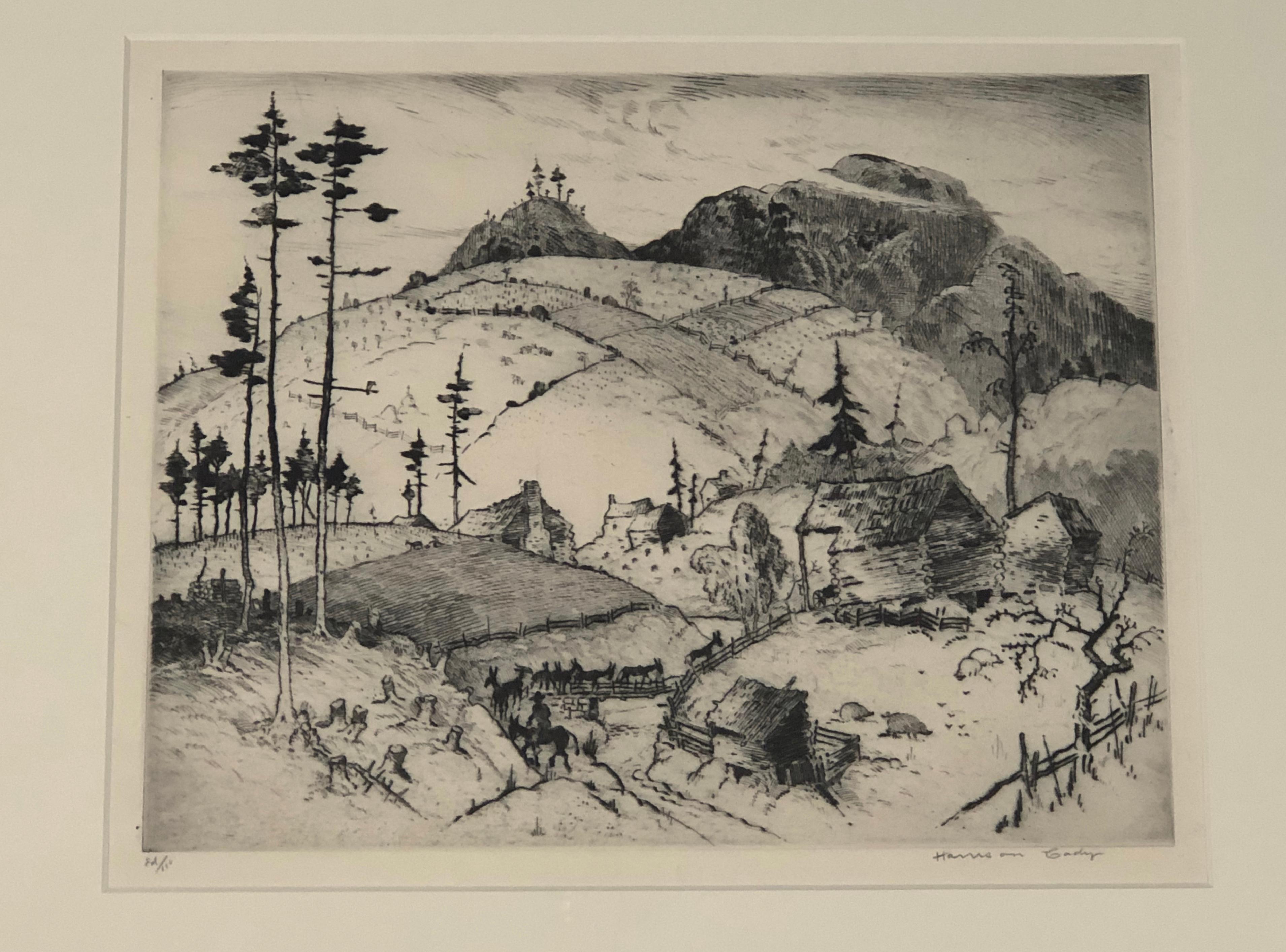 A framed etching by Harrison Cady (American, 1877-1970) of mountain farms near the village of Spruce Pine, North Carolina, depicting a farm with log cabin structures, a farmer, donkeys and split rail fencing on a mountain side. Signed lower right
