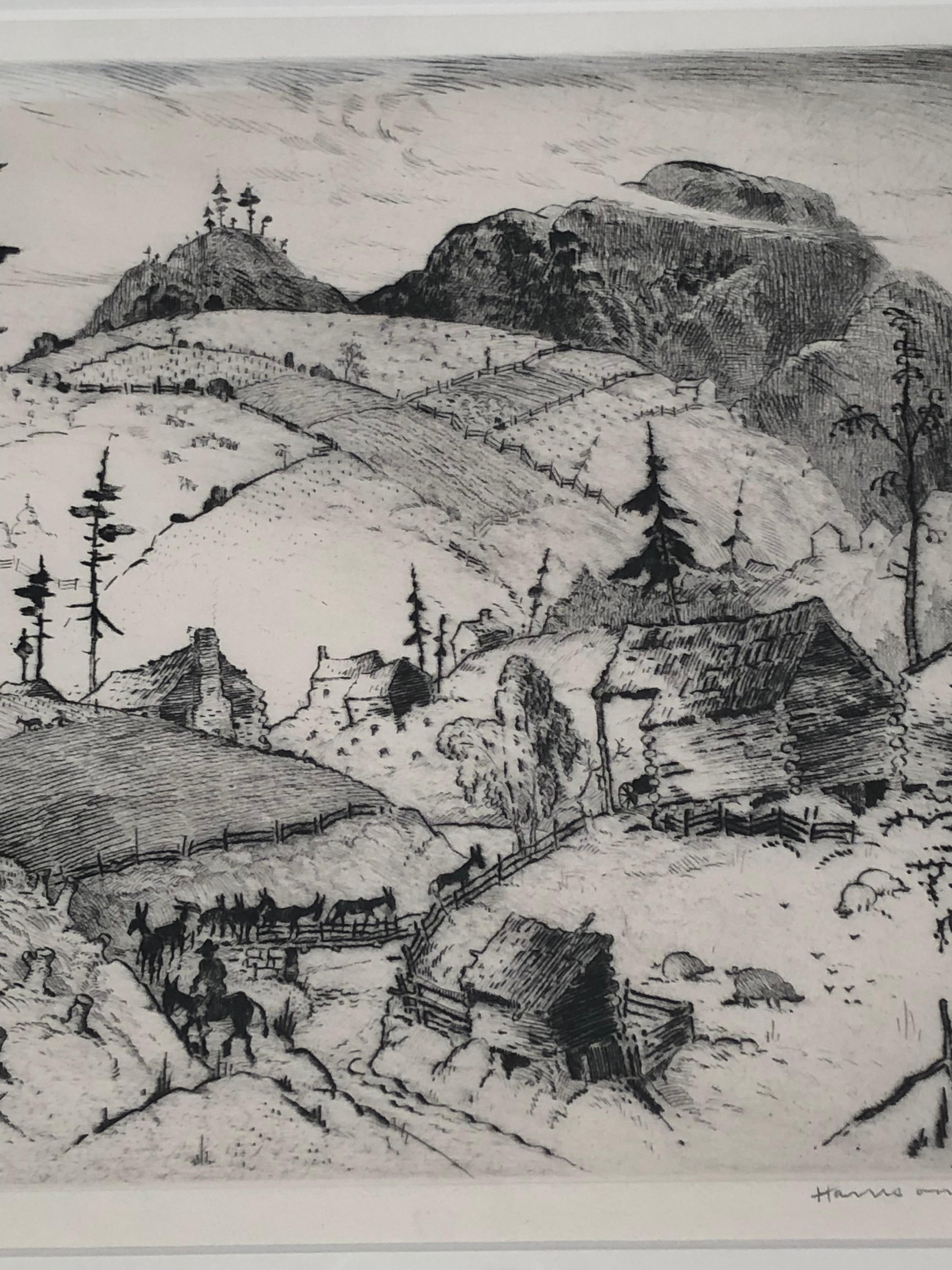 Etched Harrison Cady Etching of Mountain Farms near Spruce Pine, North Carolina