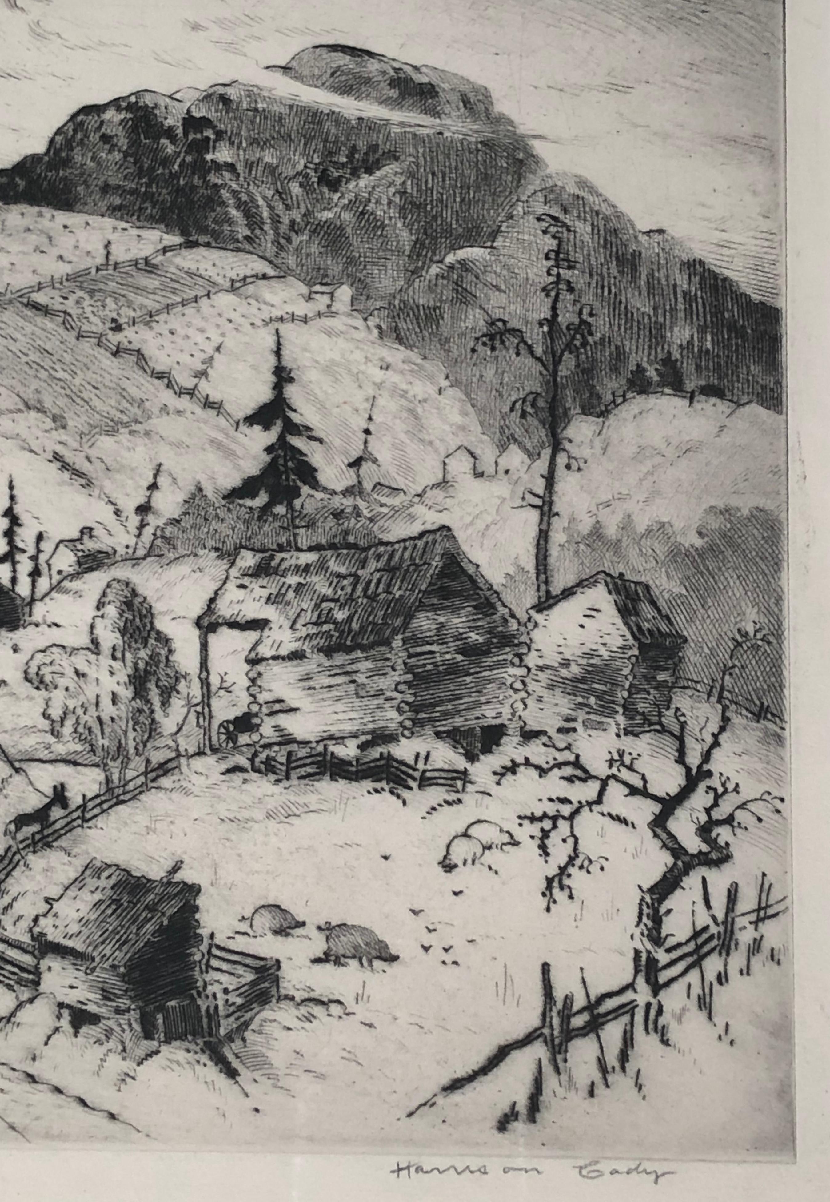 Harrison Cady Etching of Mountain Farms near Spruce Pine, North Carolina In Good Condition In Essex, MA