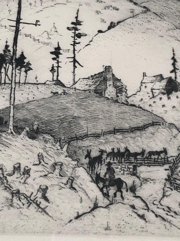 Harrison Cady Etching of Mountain Farms near Spruce Pine, North