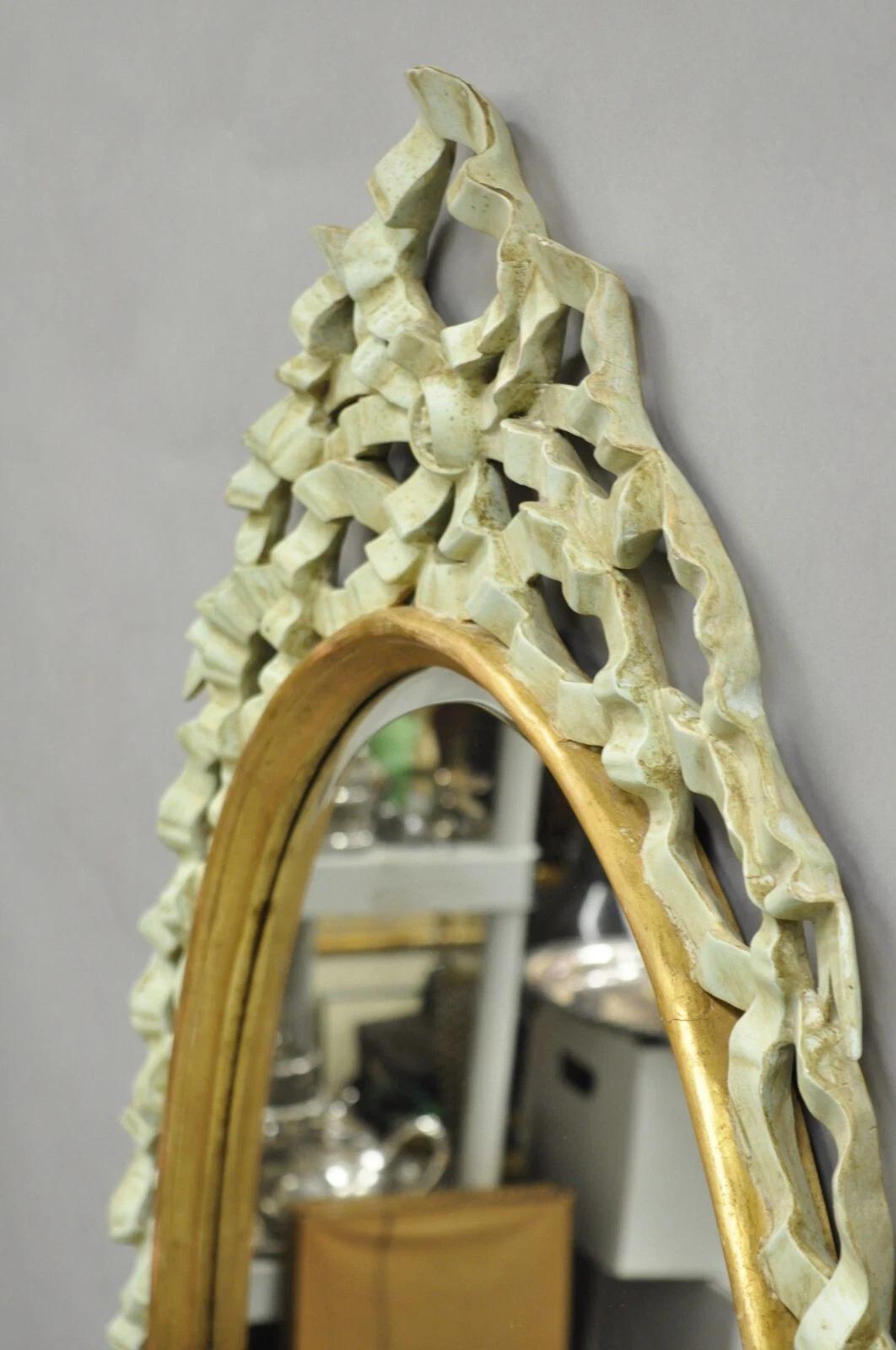 Harrison Gil Blue Italian Hollywood Regency Carved Wood Ribbon Wall Mirror Pair For Sale 4