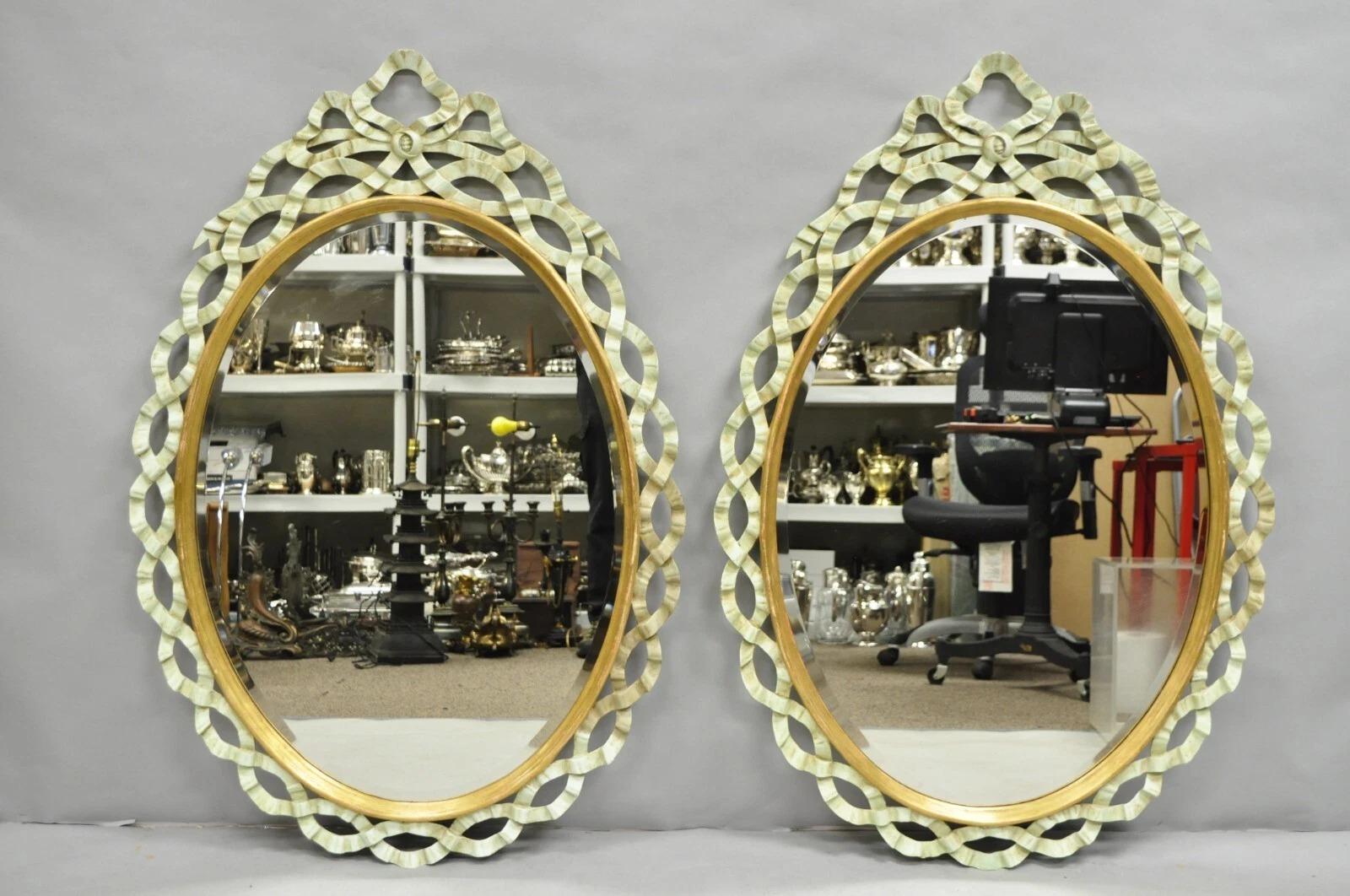 Harrison Gil Blue Italian Hollywood Regency Carved Wood Ribbon Wall Mirror Pair For Sale 5