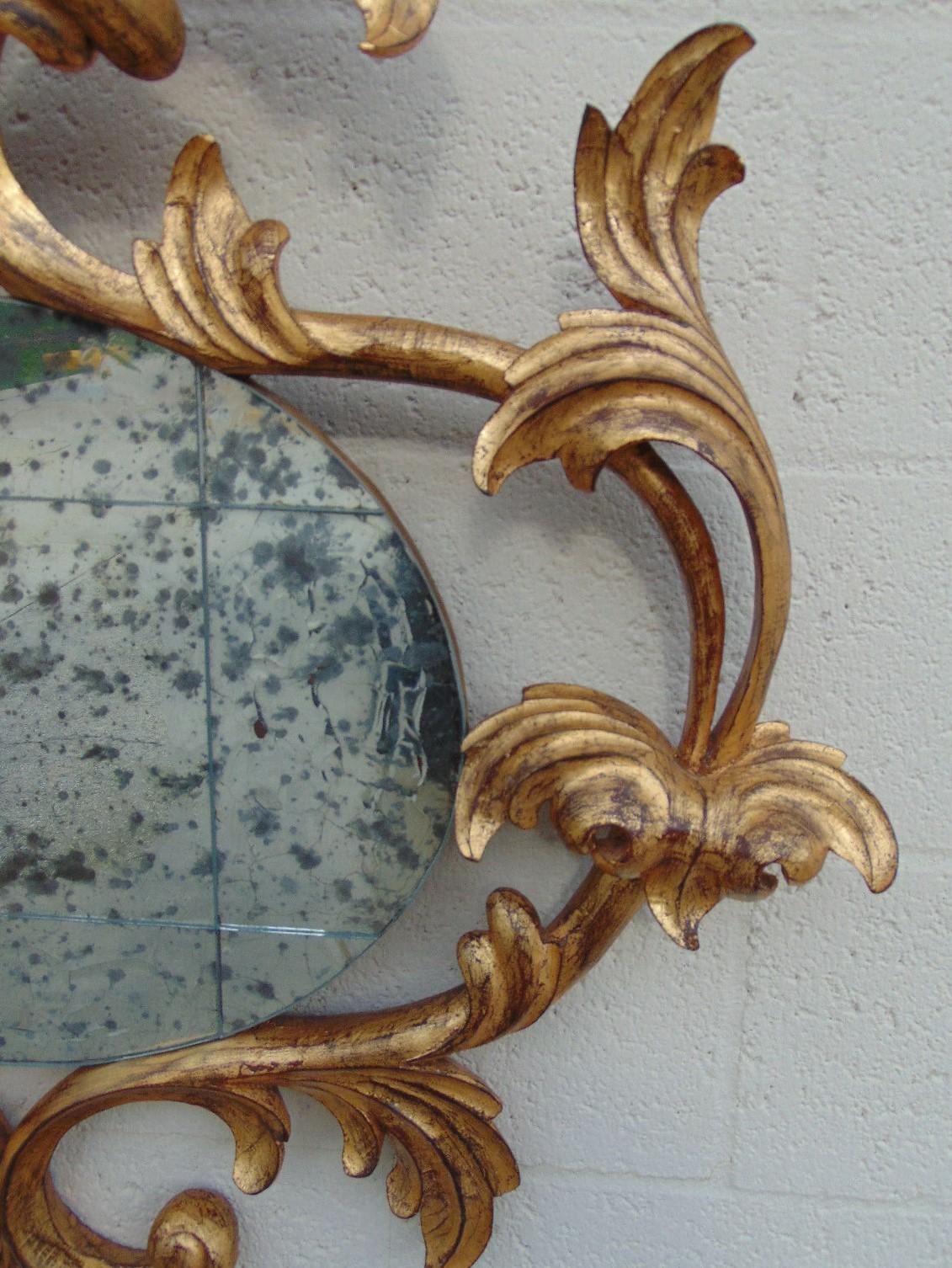 Harrison & Gil Carved Giltwood Rococo Mirror with Antiqued Distressed Glass In Good Condition For Sale In Vero Beach, FL