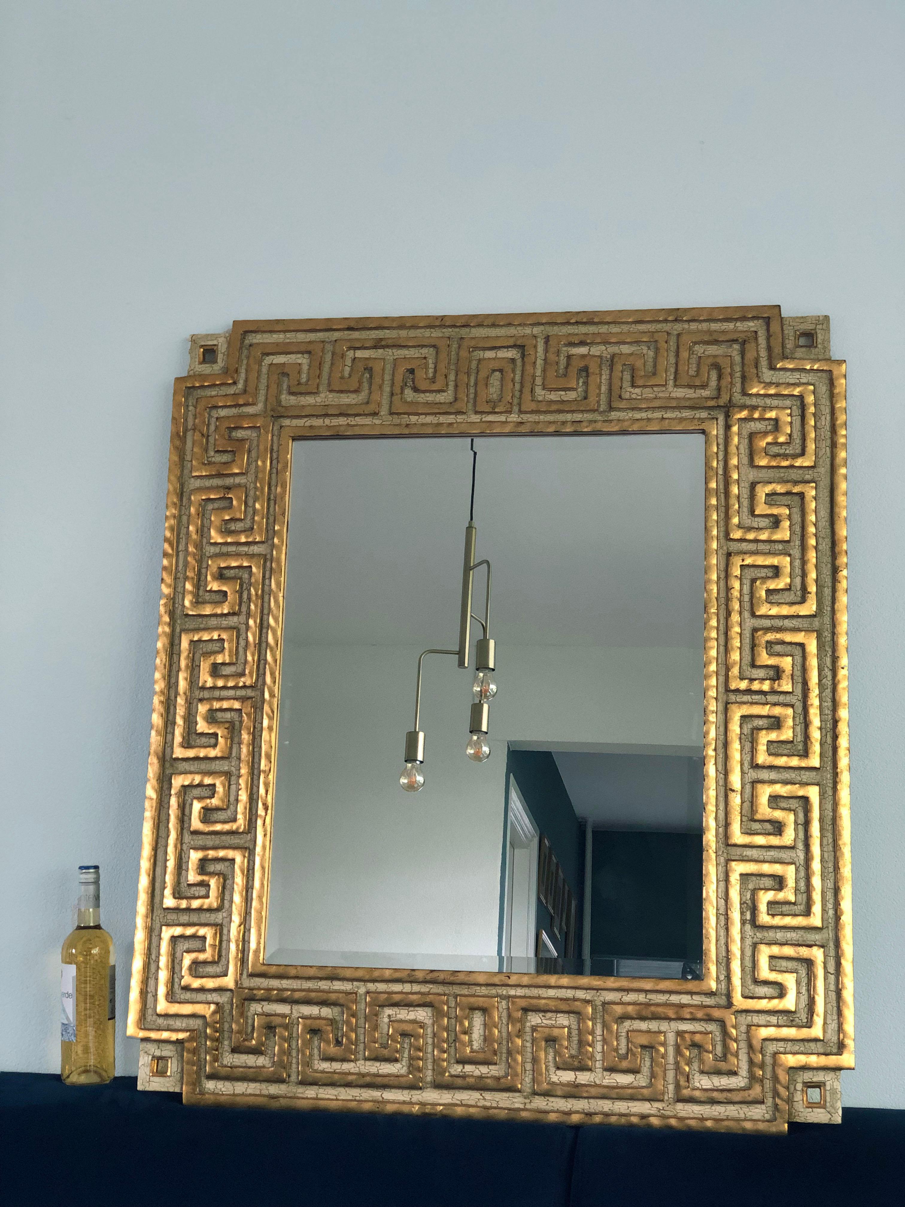 Glass Harrison & Gil Design Giltwood Facet Cut Mirror with Meander Pattern For Sale