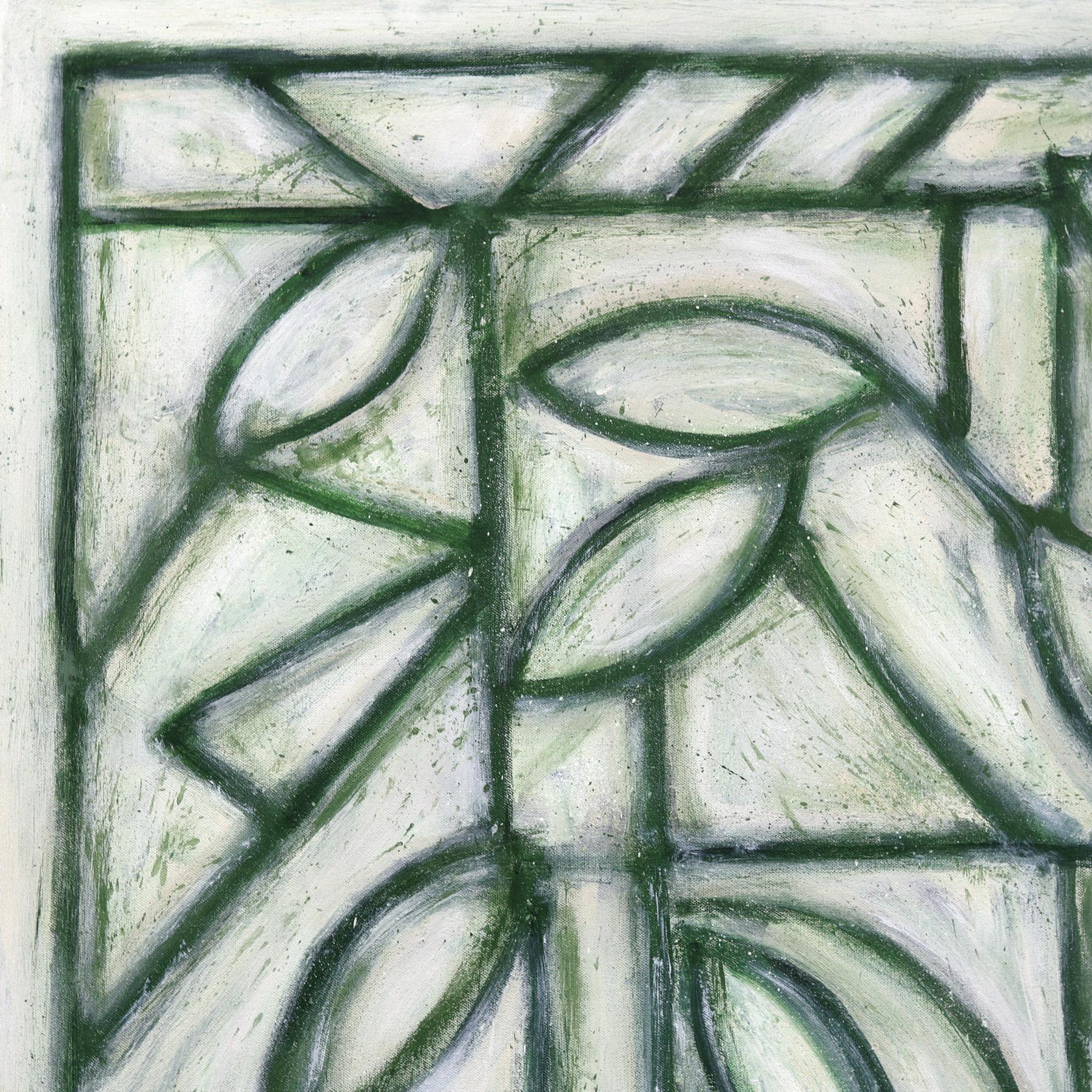 Green Cathedral III - Large Contemporary Abstract Green Tone Geometric Painting For Sale 1