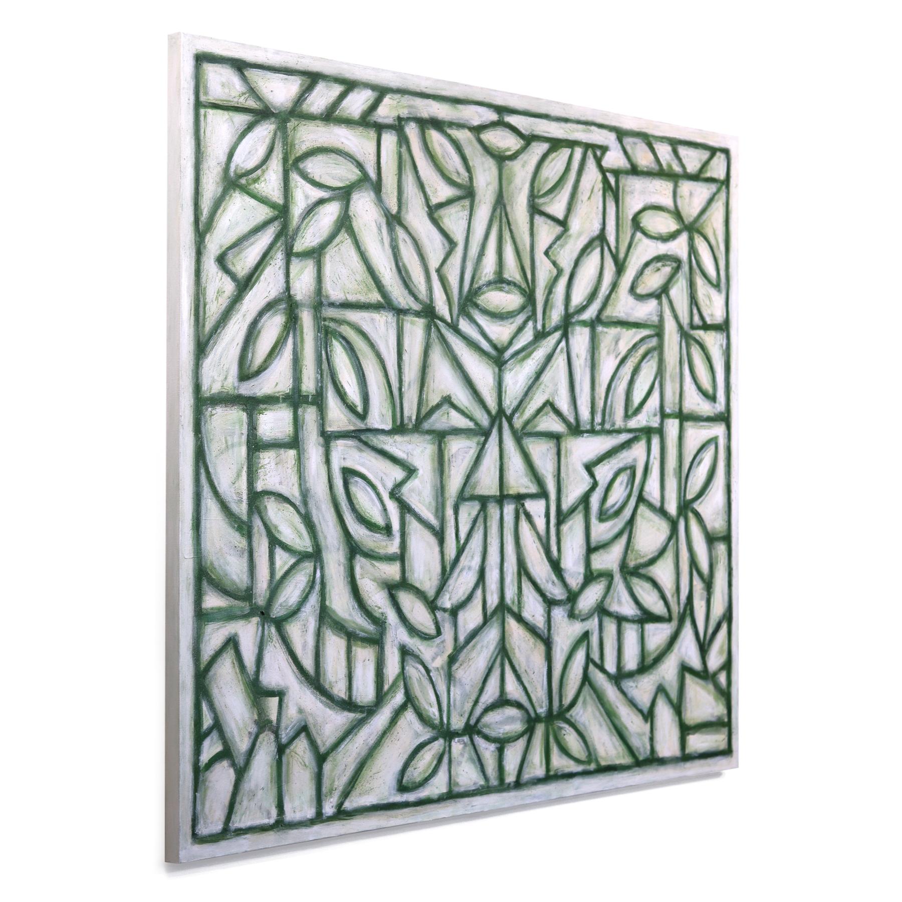 Green Cathedral III - Large Contemporary Abstract Green Tone Geometric Painting For Sale 2