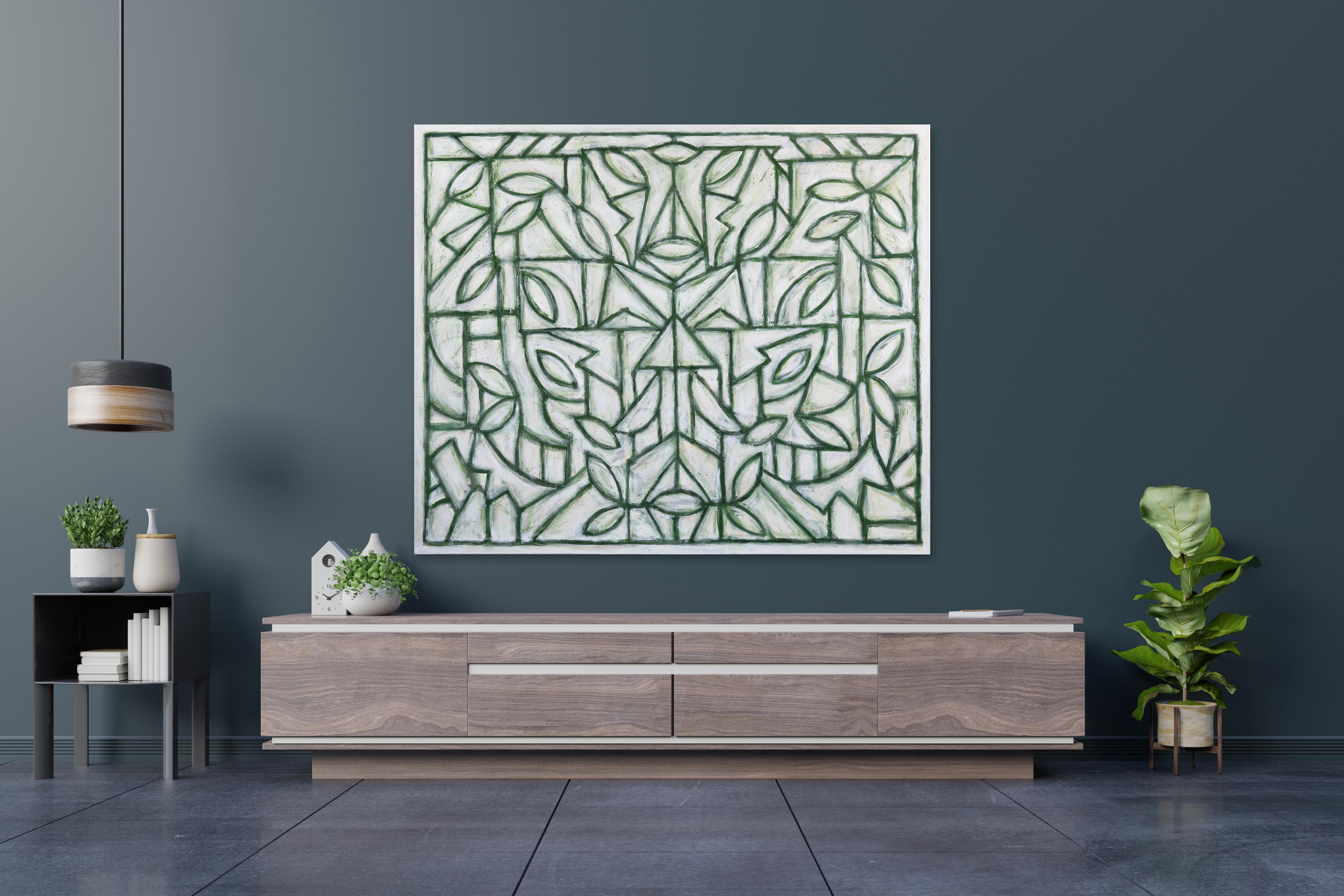 Green Cathedral III - Large Contemporary Abstract Green Tone Geometric Painting For Sale 4