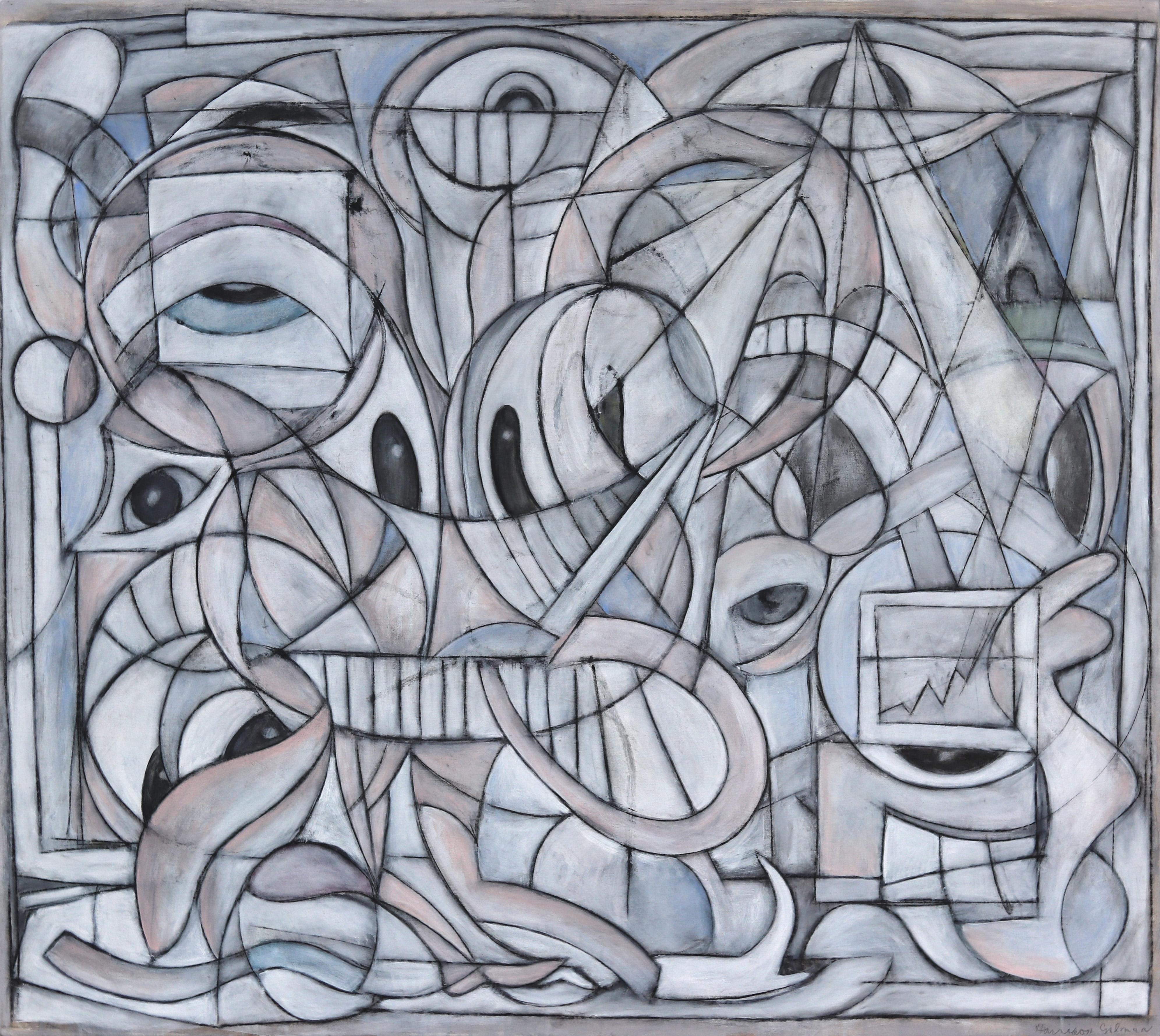 Happiest Place On Earth - Large Contemporary Cubist Black Grey Blue Painting - Mixed Media Art by Harrison Gilman