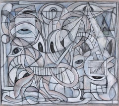 Happiest Place On Earth - Large Contemporary Cubist Black Grey Blue Painting
