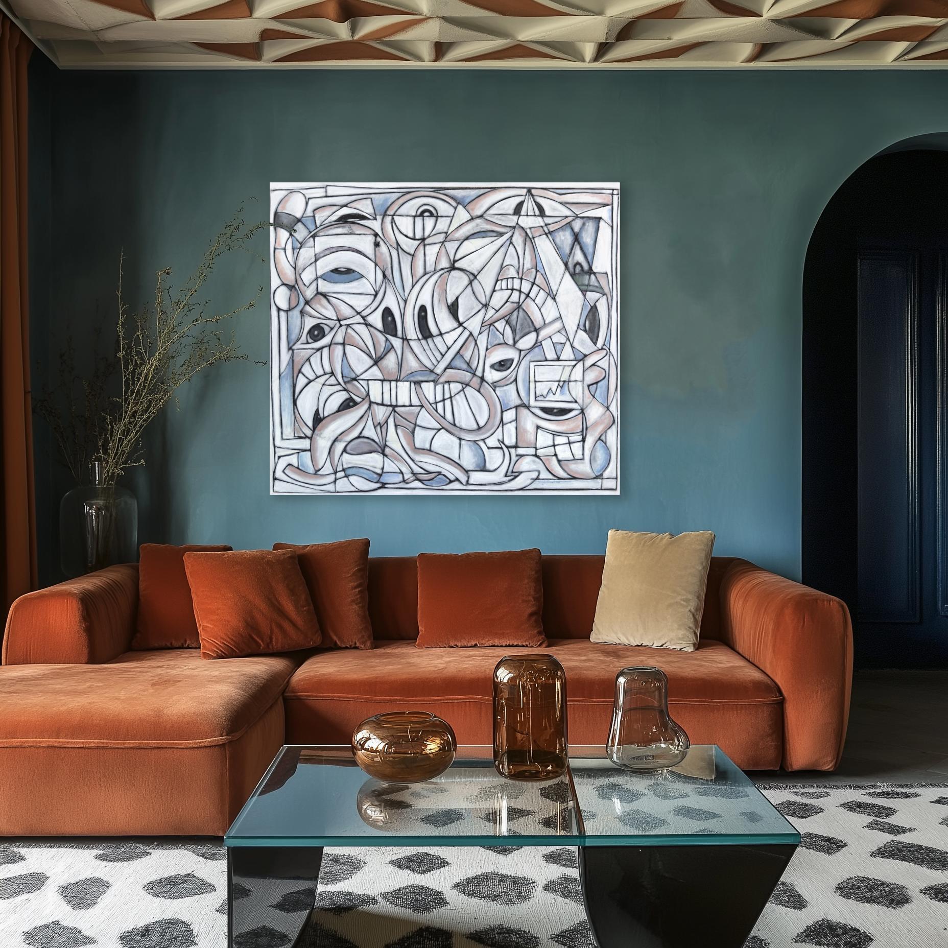 El lugar más feliz del mundo - Pintura abstracta contemporánea monocroma de gran tamaño - Mixed Media Art Abstracto de Harrison Gilman