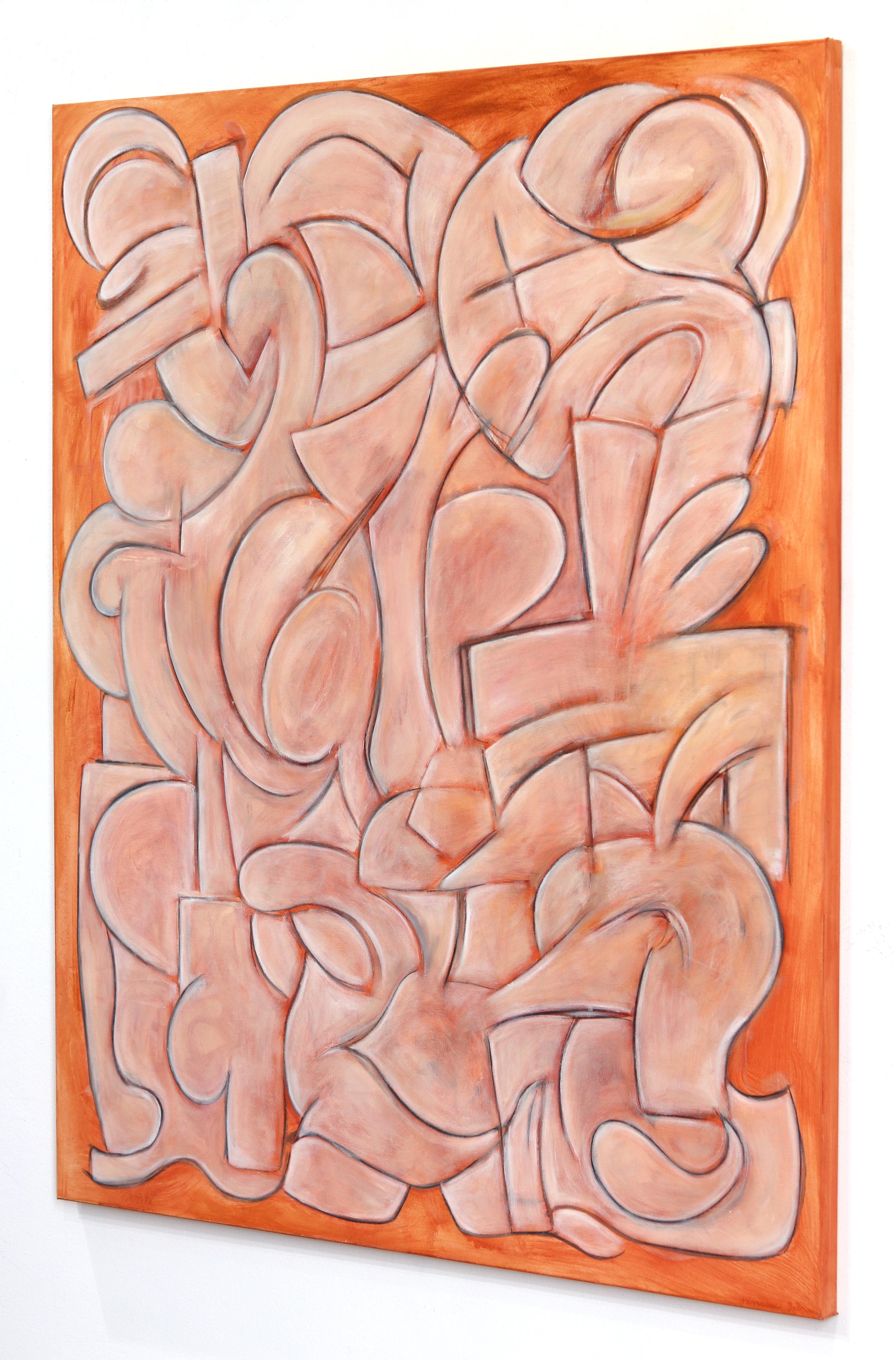 Helter Skelter - Large Contemporary Cubist Terracotta Orange Oil Painting Canvas For Sale 1