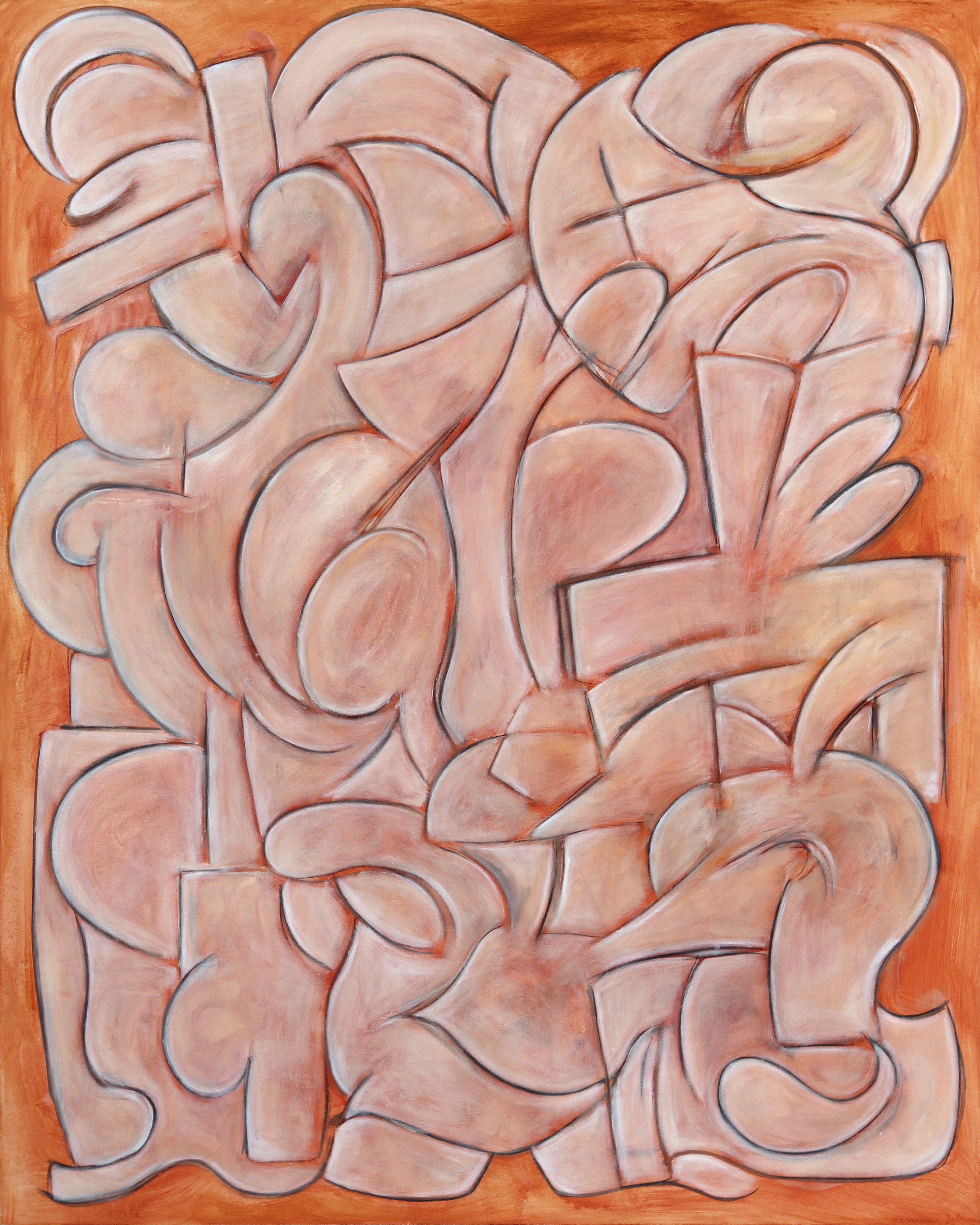 Helter Skelter - Large Contemporary Cubist Terracotta Orange Oil Painting Canvas - Mixed Media Art by Harrison Gilman