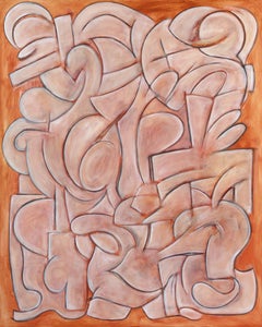 Helter Skelter - Grande toile cubiste contemporaine avec peinture à l'huile en terre cuite orange