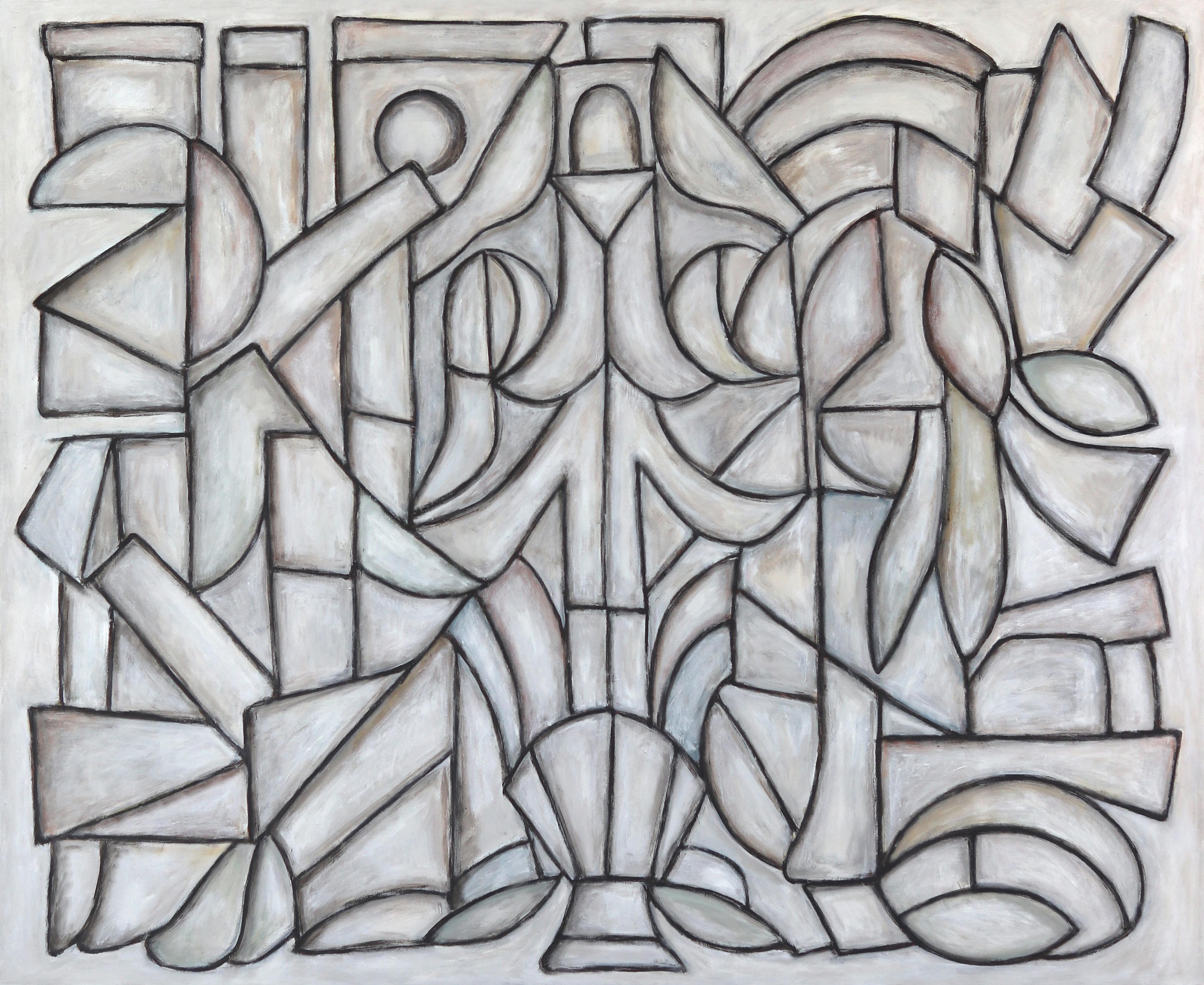 Abstract Painting de Harrison Gilman - Nuestra Oración - Gran Pintura Cubista Monocroma Contemporánea