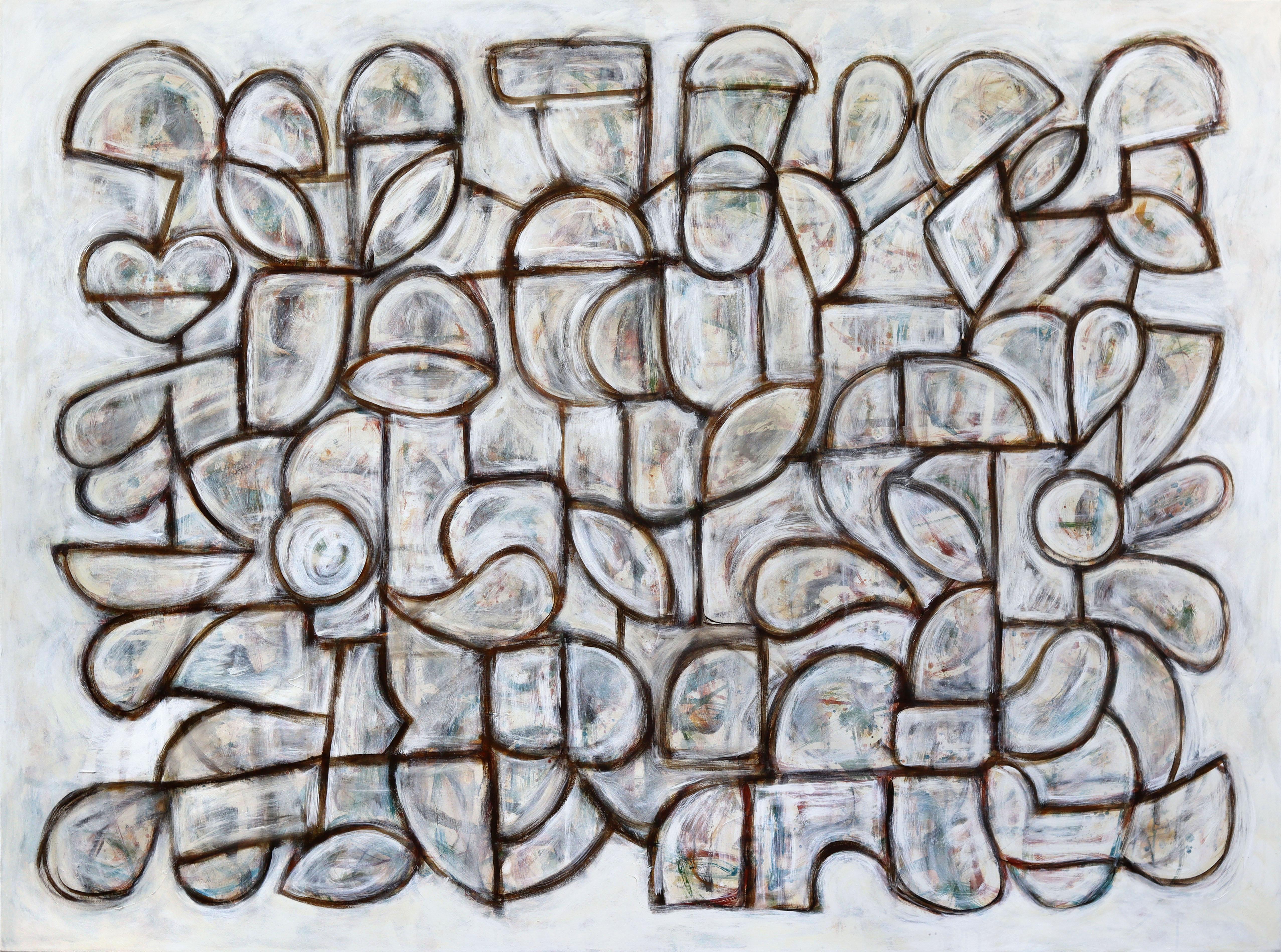 Rearranging Form - Large Contemporary Silver Tone Abstract Acrylic Painting