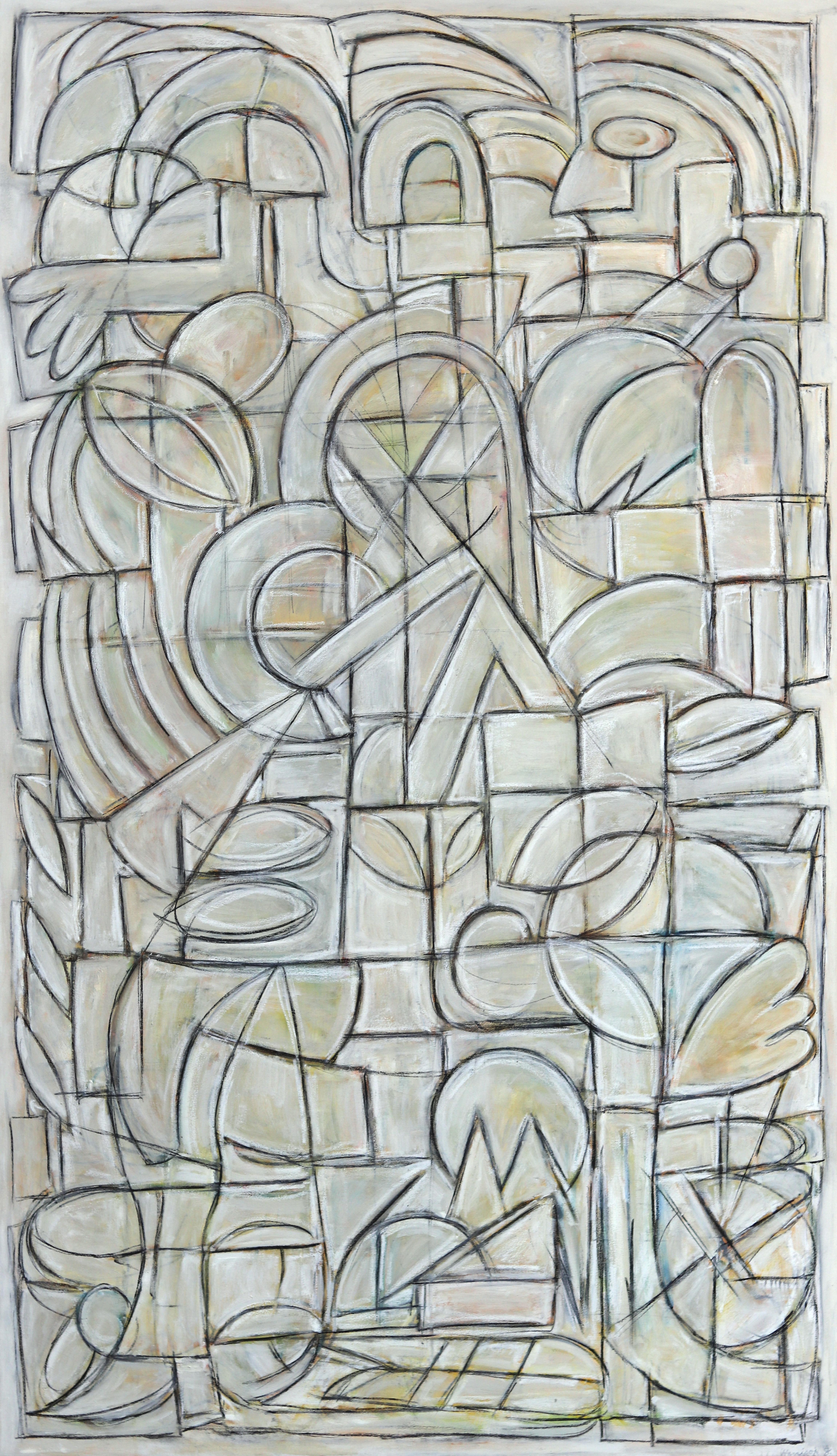 Saturns Gate - Großes zeitgenössisches kubistisch-monochromes Ölgemälde – Mixed Media Art von Harrison Gilman