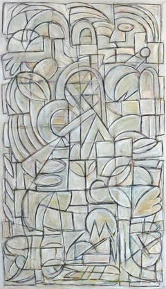 Saturns Gate - Large Tall Contemporary Cubist Monochrome Oil Painting