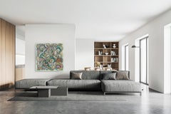 Song of the Sea - Grande toile contemporaine cubiste colorée à la peinture à l'huile verte