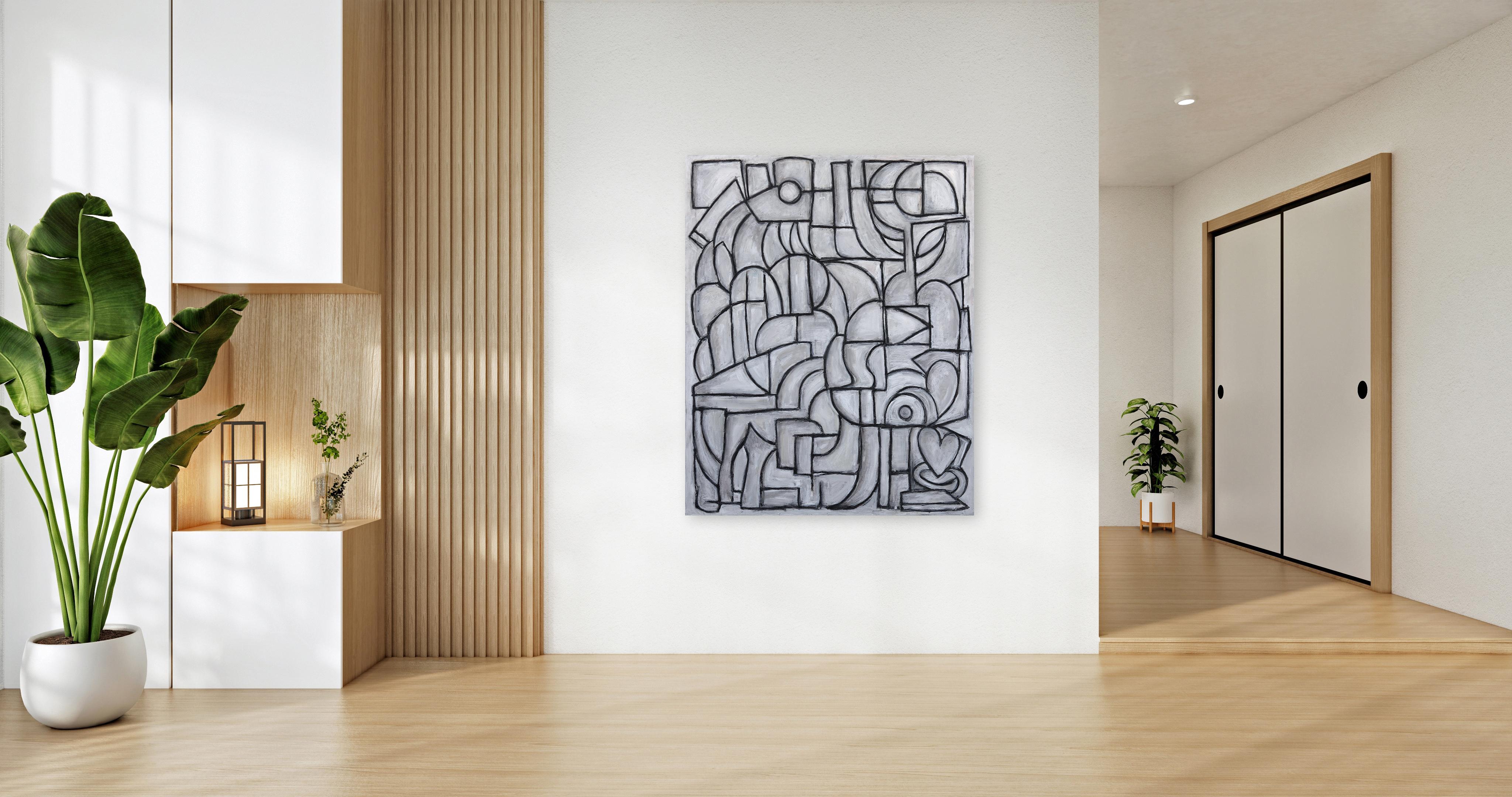 The Advanced Practitioners III - Large Contemporary Cubist Monochrome Painting For Sale 3