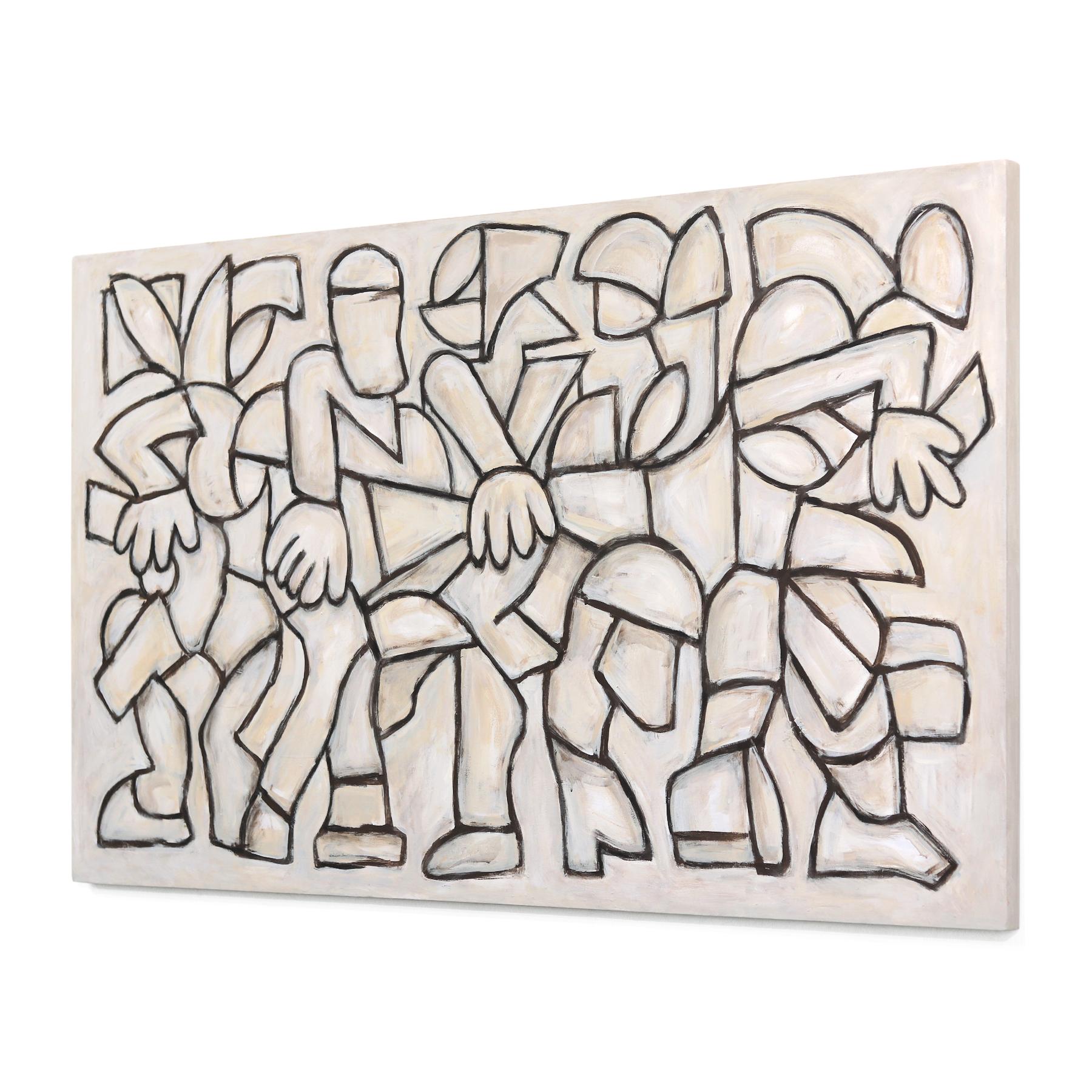 The Tug of War - Grande peinture abstraite contemporaine monochrome d'inspiration cubiste - Beige Abstract Painting par Harrison Gilman