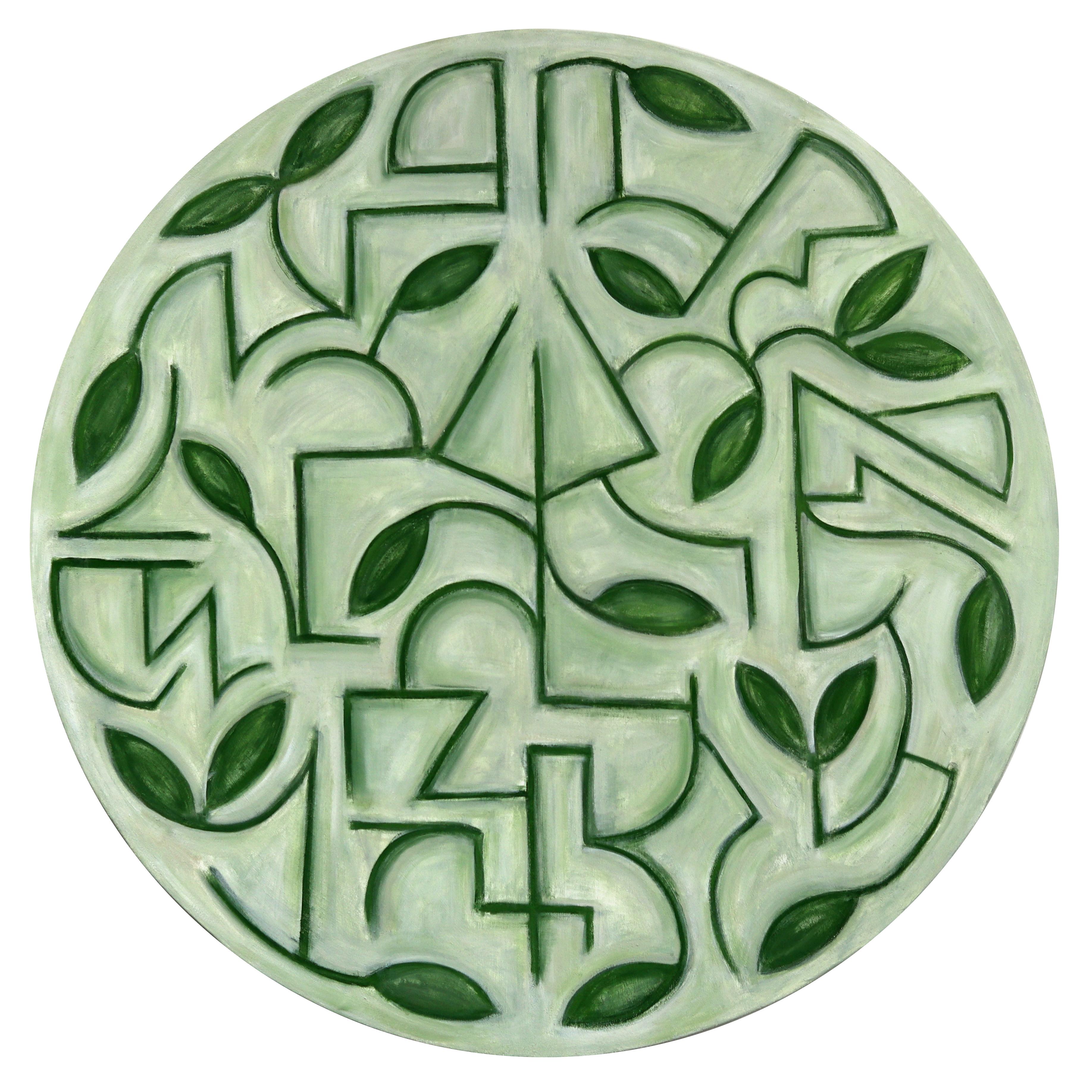 Tondo Arboretum - Circular Contemporary Abstract Sage Green Botanical Painting