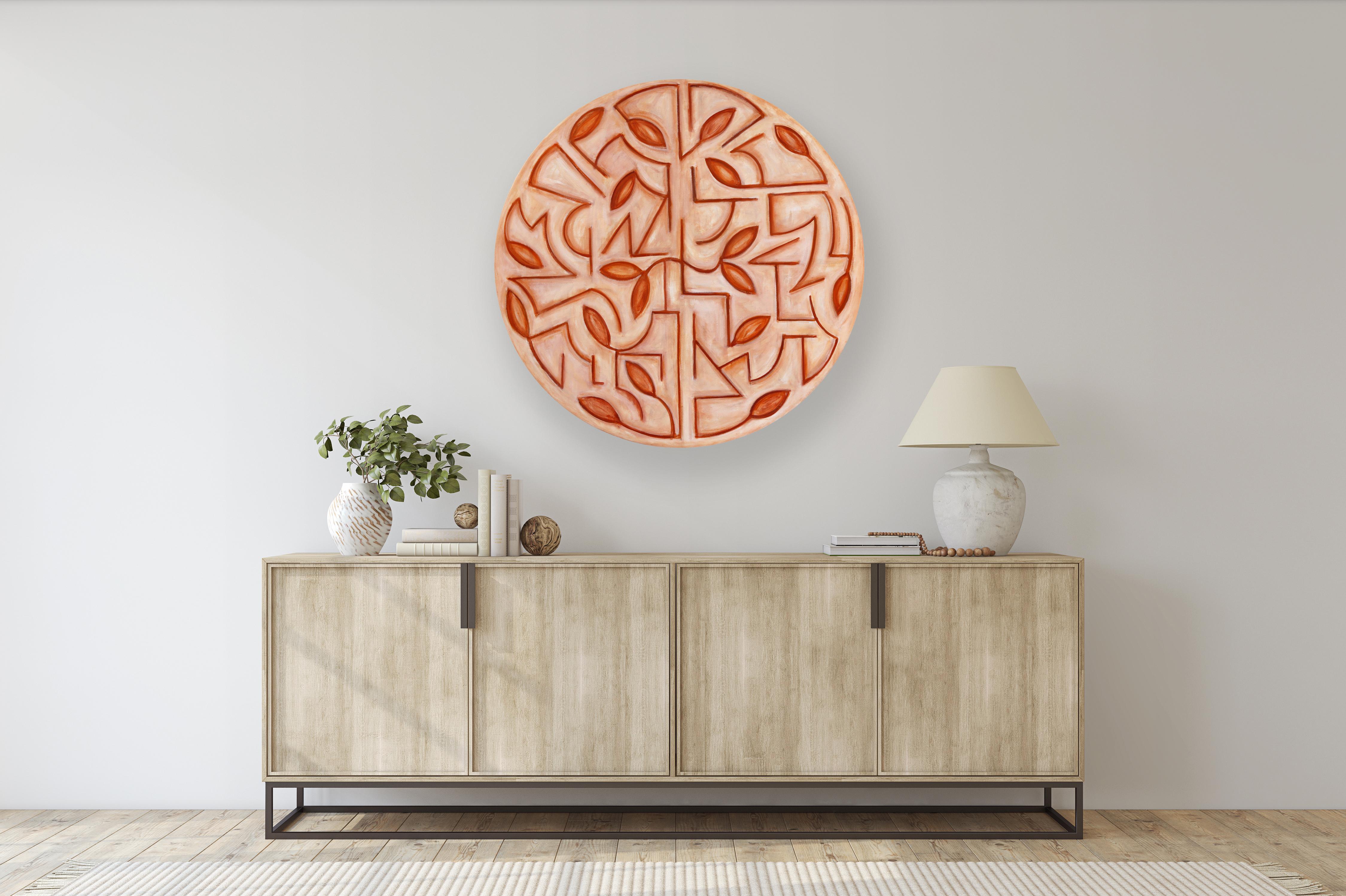 Tondo Arboretum II - Circular Contemporary Abstract Warm Tone Botanical Painting (Beige), Abstract Painting, von Harrison Gilman
