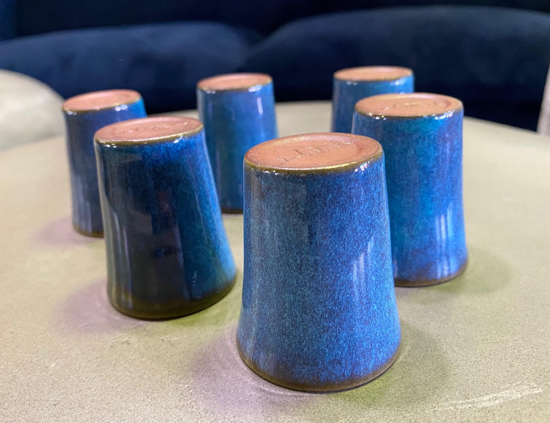 Harrison Mcintosh Signed Mid-Century Modern Set of 6 Pottery Sake Liqueur Cups For Sale 4